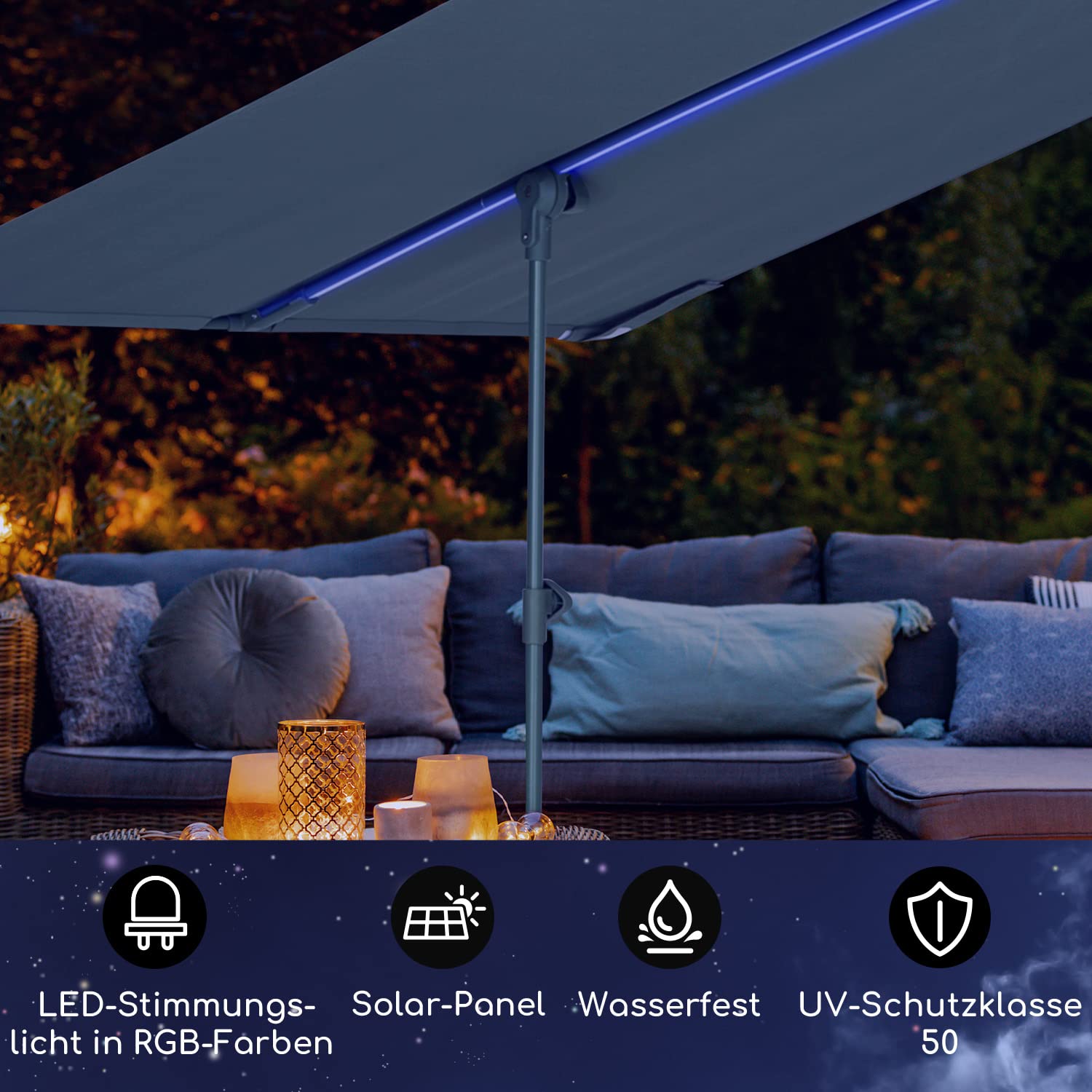 blumfeldt Sonnenschirm für Balkon Rechteckig, Sonnenschirm mit LED Beleuchtung, Wasserdicht & UV-Schutz, Balkon Sonnenschirm für Terrasse & Garten, Höhenverstellbarer Balkon Schirm Sonnenschutz