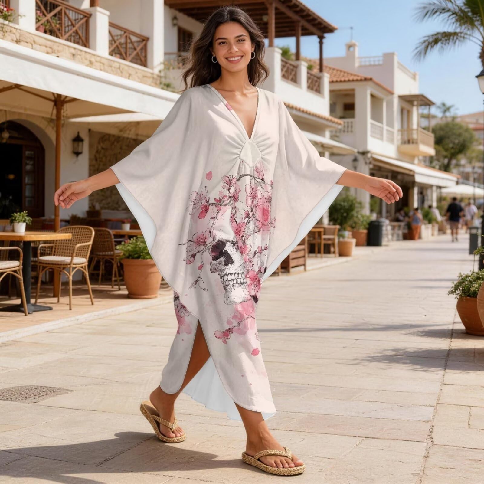 Abito caftano da donna, taglie forti, con scollo a V, copricostume da spiaggia con maniche a pipistrello, abito da caftano estivo