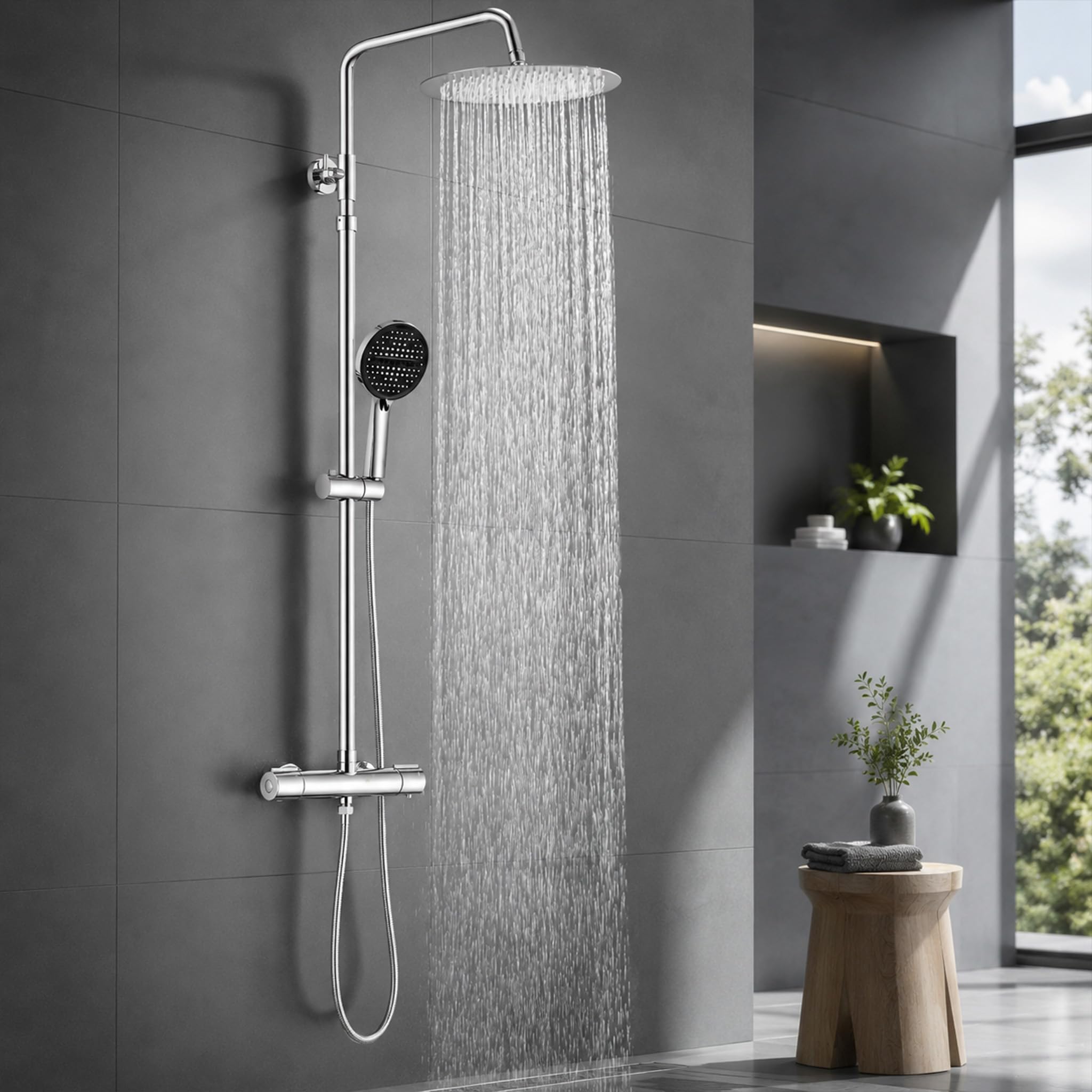 HOMELODY Duschsystem mit Thermostat Chrom, 300 mm Regendusche | 6 Funktionen Handbrause, Duscharmatur Edelstahl Regendusche mit Armatur, Duscharmatur Komplettset
