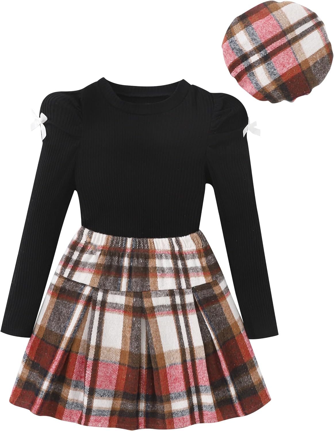 Girls Clothes Kids Fall Winter Outfits Puff Sleeve Top Girls Plaid Skirt Sets Casual Tween Girl Dresses Size 5-12Y