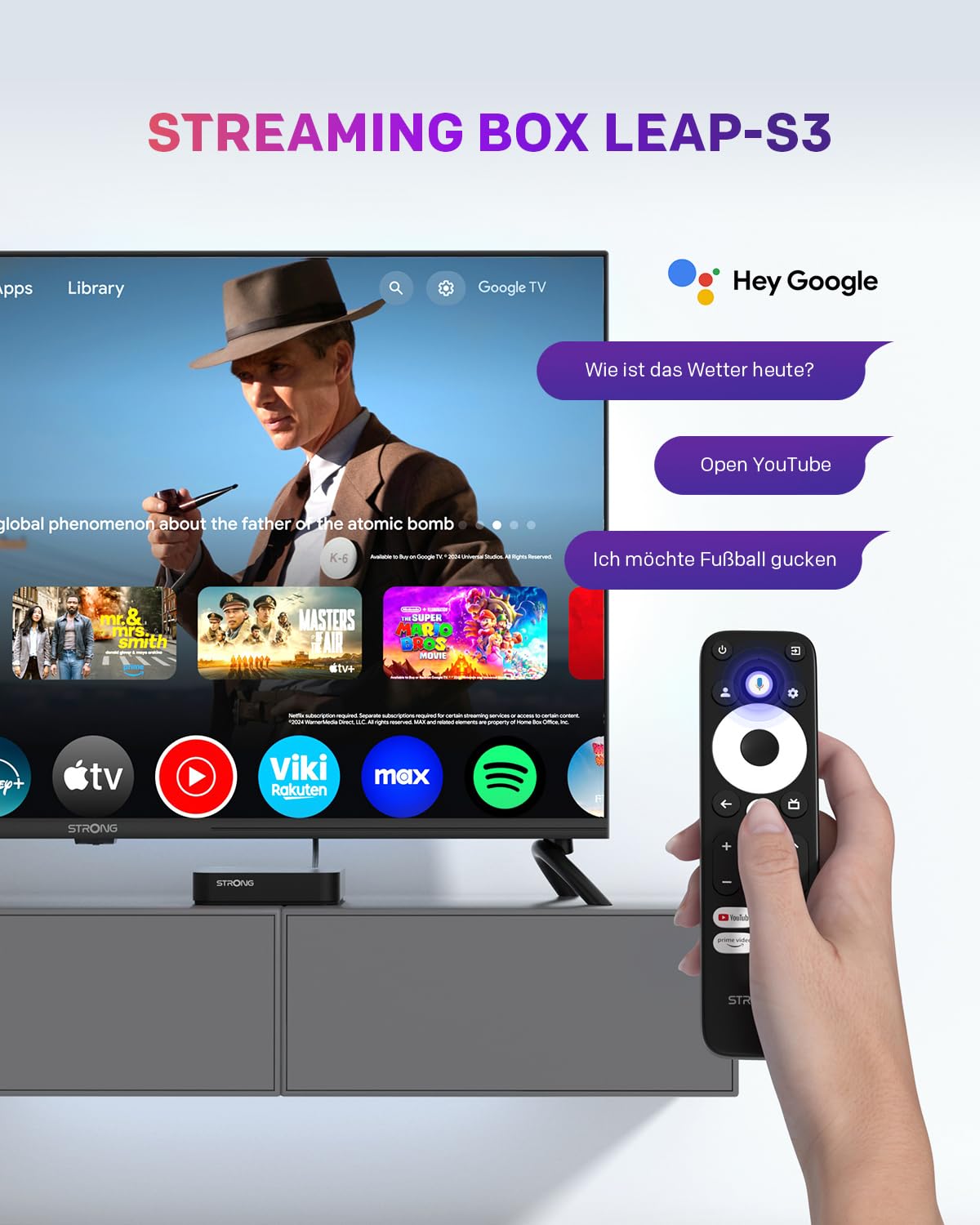 STRONG Leap-S3 4K UHD Google TV-Streamingbox Mit Ethernet-Port, 2GB RAM + 16GB Speicher, Integriertem Chromecast, WiFi, Google-Sprachsteuerung, HDR10+