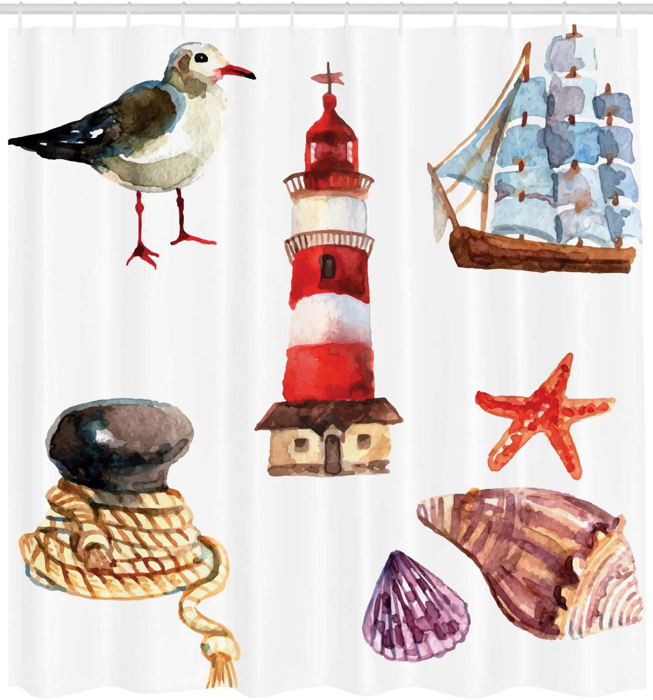 Ambesonne Nautical Shower Curtain, Nautical Theme Elements Seagull Boat Lighthouse Shell Starfish Island Watercolor, Cloth Fabric Bathroom Decor Set with Hooks, 69" W x 70" L, Brown Vermilion