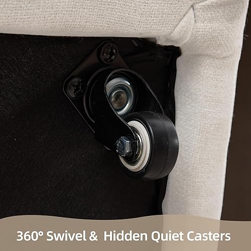 Vista 5 de Juego de 2 sillas de comedor con ruedas, moderna silla de comedor enrollada tapizada sin brazos con ruedas para cocina, sala de estar, tela beige