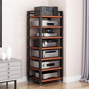 Media Storage Cabinet 5/6/7/8 Tier, AV Media Stand Audio Video Media Stand Record Player Stand, Modern AV Cabinet Audio Rack Stereo Components Rack for Entertainment Stereo,Walnut,7 Tier W 19.6
