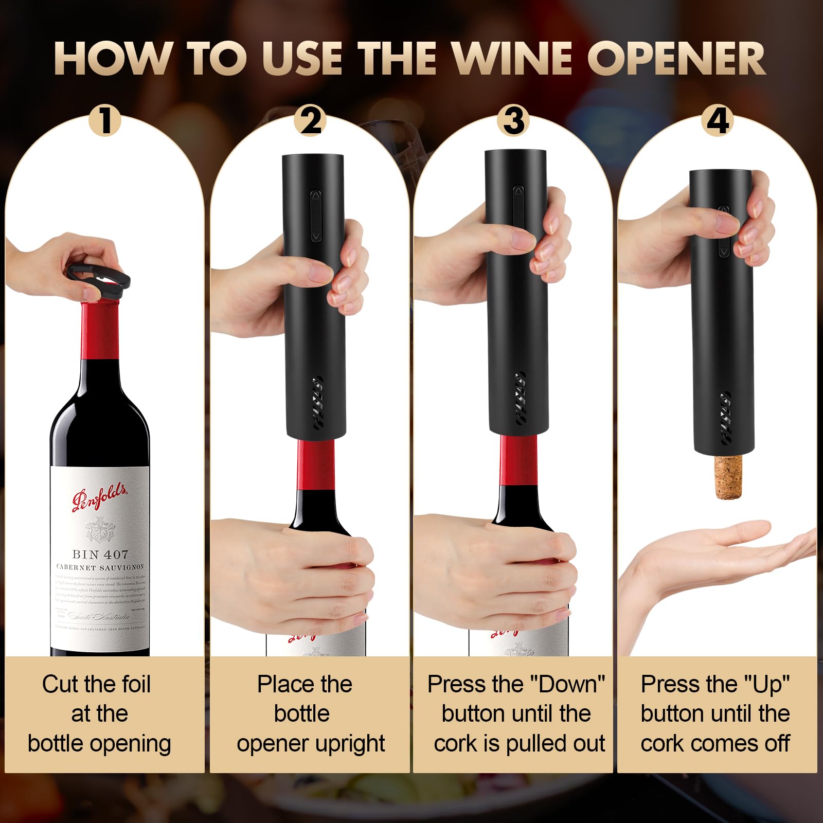 Abrebotellas de vino eléctrico automático, removedor de corcho recargable con cortador de aluminio, apertura fácil y suave