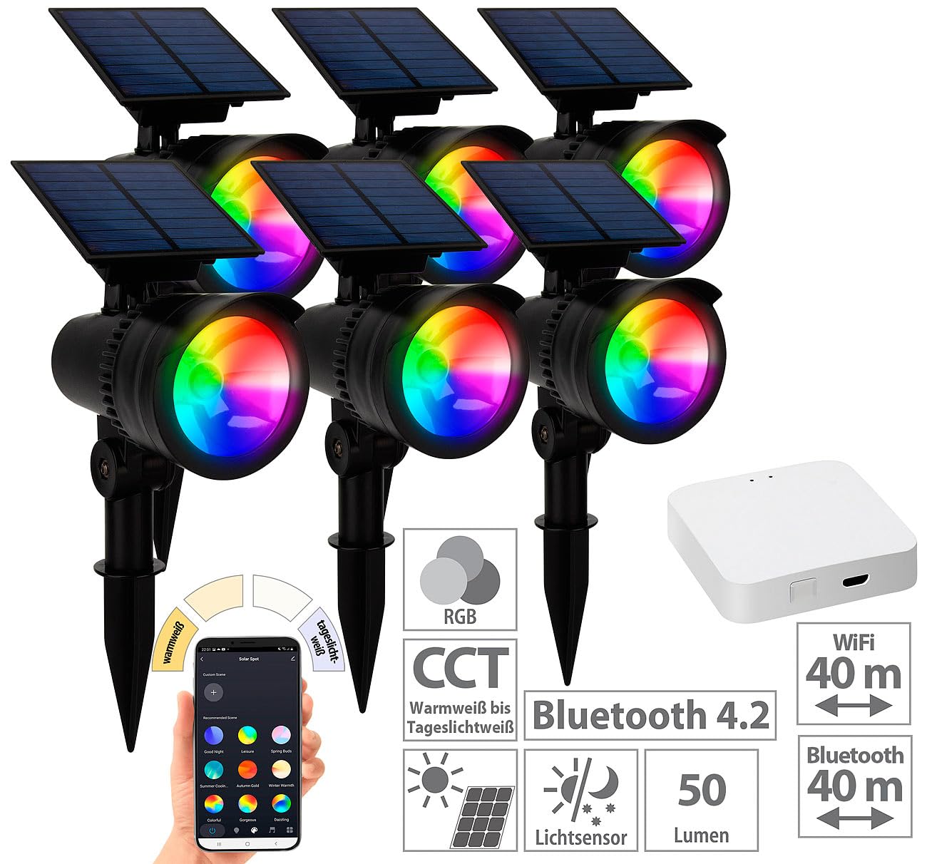 Lunartec LED Solar Erdspieß: 6er-Set RGB-CCT-LED-Spots mit Gateway, 50 lm, 1 W, IP44 (Solarstrahler mit Bluetooth, LED Solar Gartenspot, Gartenleuchte Standleuchte)