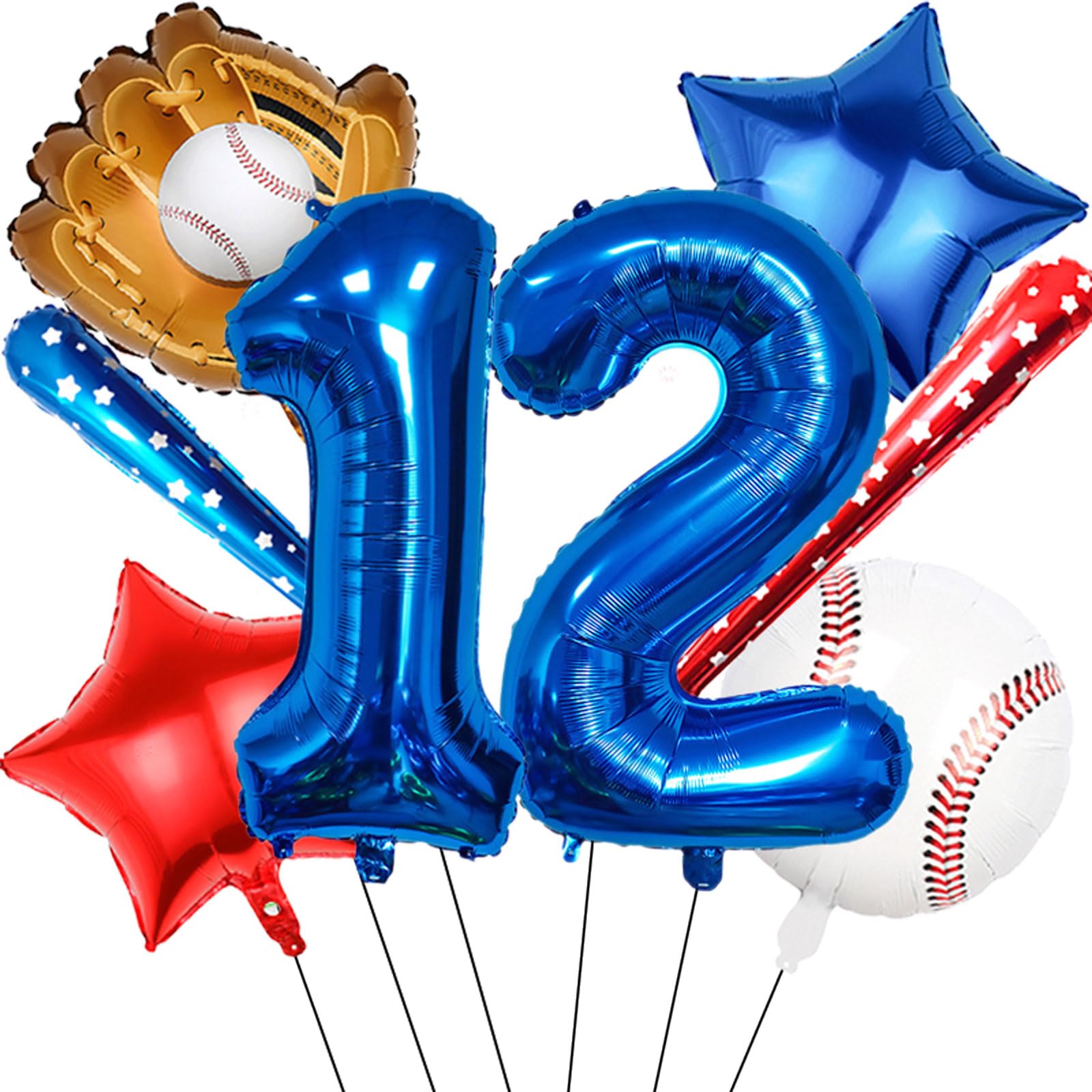 Baseball 12th Birthday Decorations for Boys, Sports Theme Party Supplies, 40 inch Foil Number Balloons 12 Balloon Number Blue Red White Sports Balloon