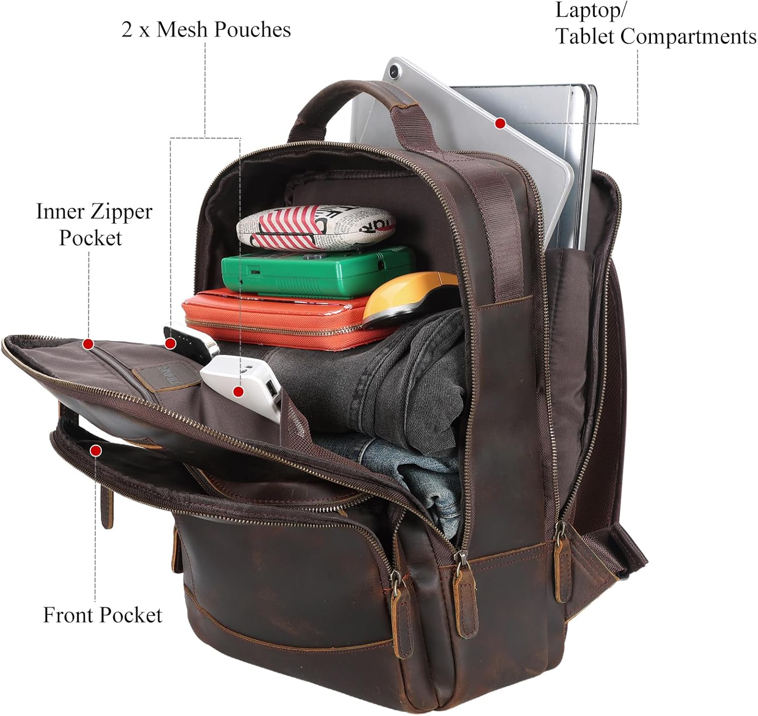 TIDING Full Grain Leather Laptop Backpack for Men, Vintage 15.6 Inch Computer Work Bag College Business Casual Daypack - Image 4