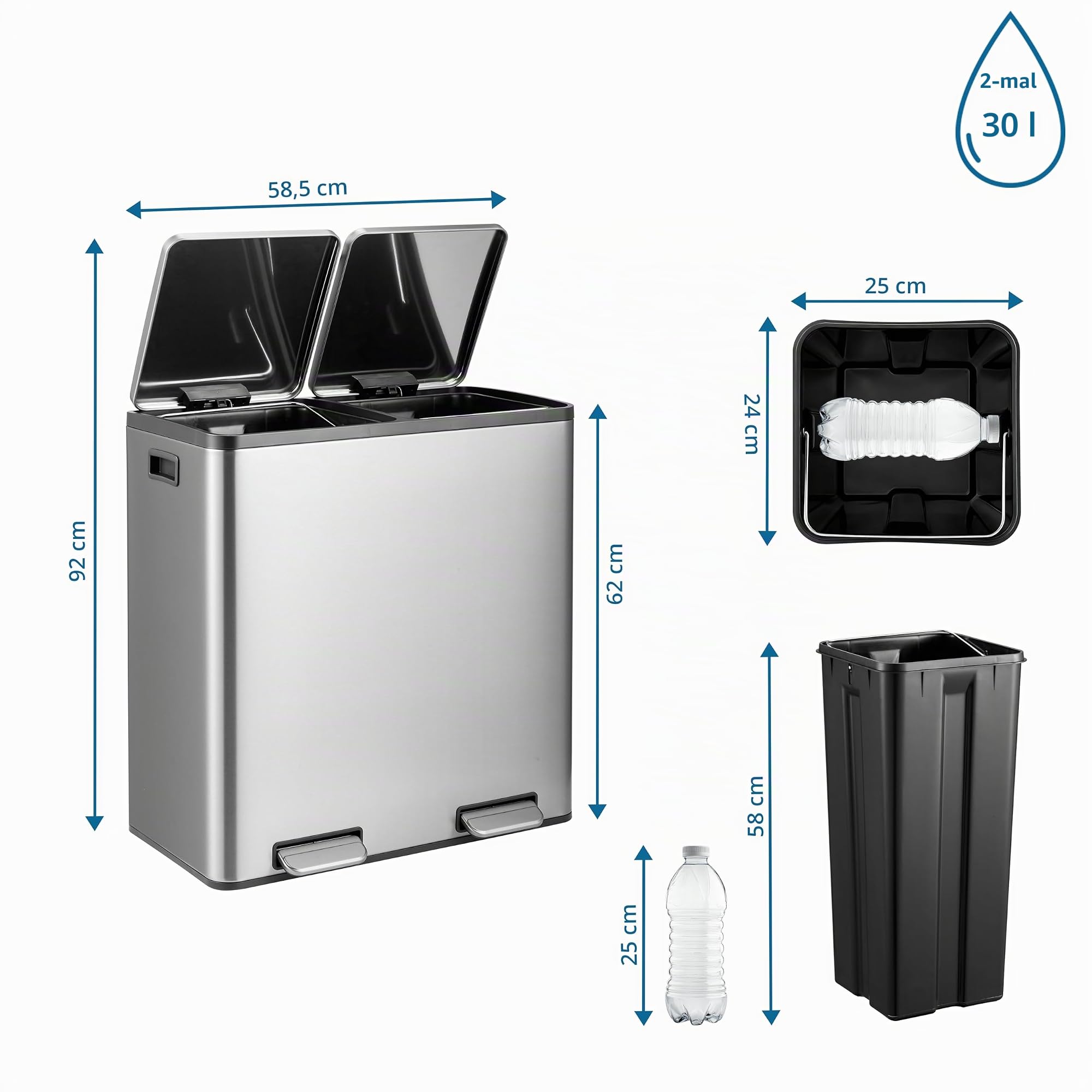 hjh OFFICE Mülleimer Küche 2 x 30 L, Mülltrennsystem mit 2 Fächer Clean 13 Metall Abfalleimer, Treteimer, herausnehmbare Inneneimer, Silber