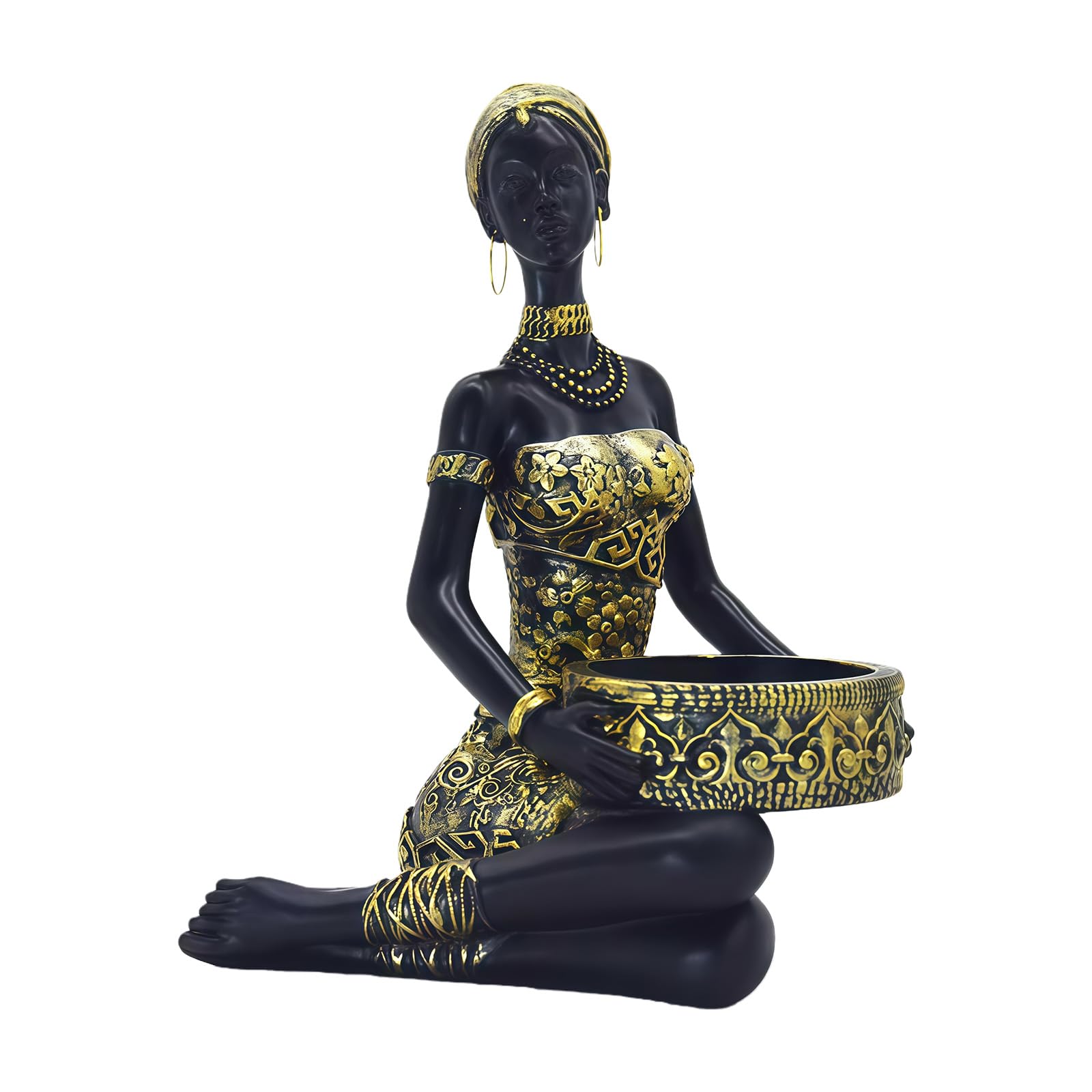 carotoe Sculptures African Statues Tribal Lady Figurines with Storage Tray Collectibles for Home Decors Resin African Woman Statues