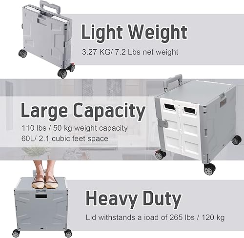 Miniatura 201 de FELICON SELORSS - Carrito plegable portátil con ruedas para subir escaleras y ruedas giratorias de 360°, mango telescópico, caja de plástico