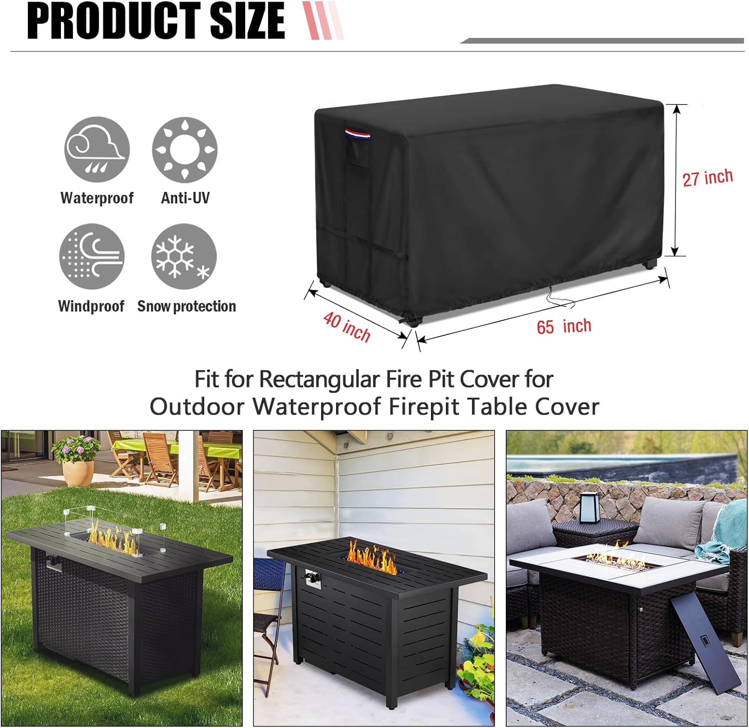 Fire Pit Cover Rectangular 65 Inch - Waterproof Outdoor Fire Table Cover Rectangle Heavy Duty, 600D Patio Propane Gas Firepit Cover Rectangular Tear Weather Resistant - 65 x 40 x 27 Inch