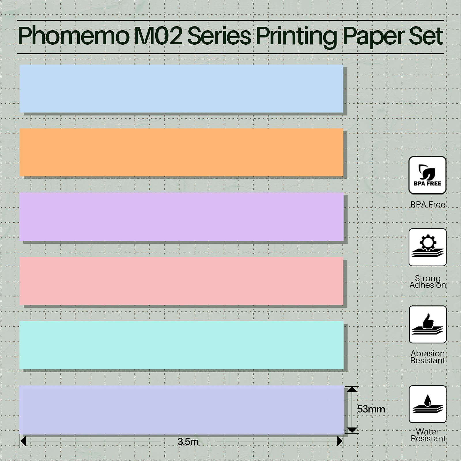 Phomemo Papier Multicolore Pour Imprimantes Portable M02, M02PRO, T02, M02S, M02X, M02L, M03, M03AS, M04S, M04AS, 53mm X 3.5m, 6 Rouleaux, Rose, Bleu, Violet Clair, Vert, Lilas, Orange