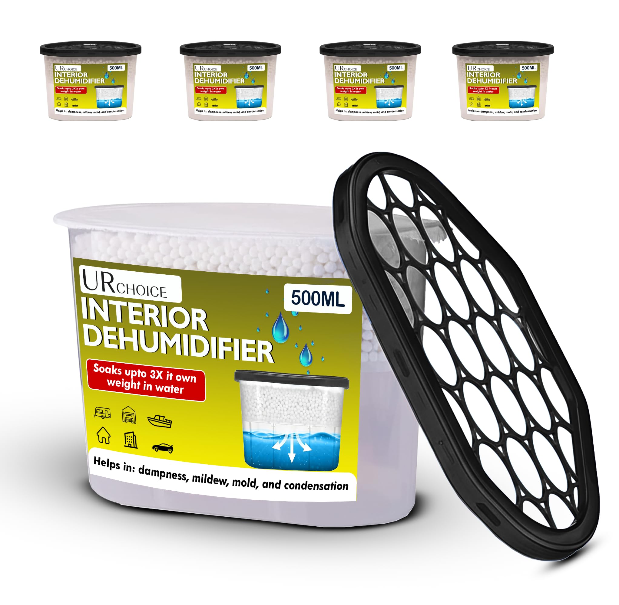 UR CHOICE Interior Dehumidifier 500ml, Pack of 5 Moisture Absorber & Condensation Remover for Damp, Mould, Musty Smell, Disposable Dehumidifiers for Home, Bedroom, Kitchen, Wardrobe, Bathroom