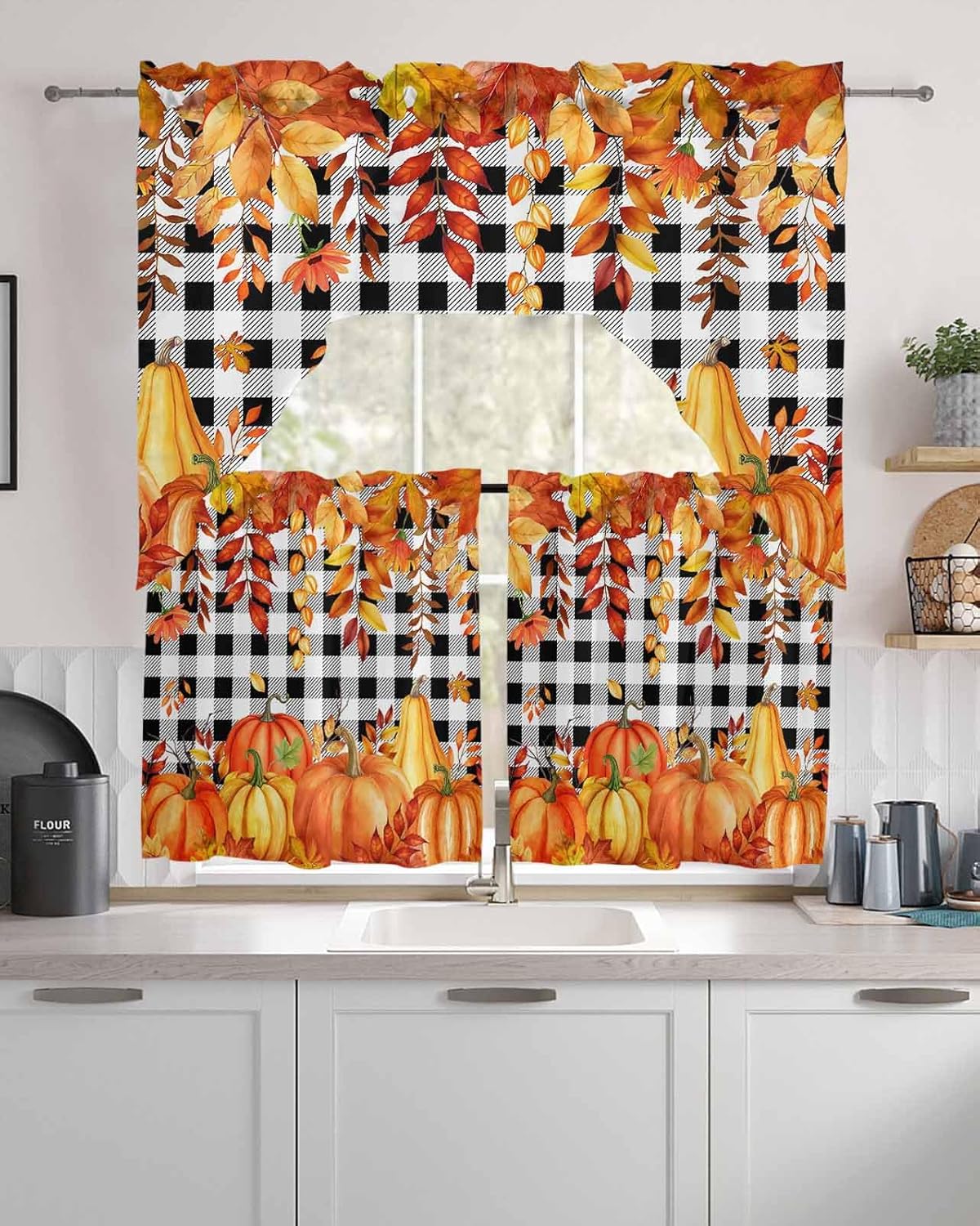 Orange Pumpkin Swag Curtains Valance and Tier Set,Rod Pocket Curtain Drapes for Bathroom Over Sink Kitchen Curtains 3 Piece Set Fall Thanksgiving Leaves Black Plaid Swag Valances 36 inches Tiers