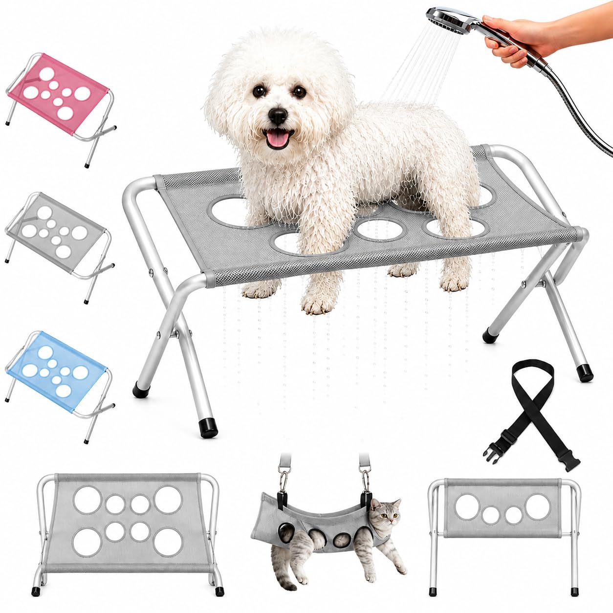 Dog Grooming Hammock Stand, Foldable Pet Bath Holder Sling Shower Chair, Heavy-Duty Pet Bath Stool for Small & Medium Dogs, Home Salon Grooming, Washable Mesh, Joint Support Restraint (A-gray)