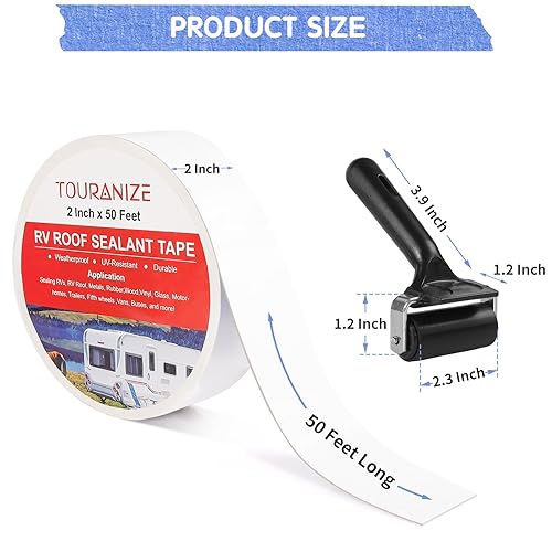 Miniatura 2 de Cinta selladora para techo de RV Touranize con rodillo de goma, cinta selladora de 2 pulgadas x 50 pies para reparación de techo de caravana