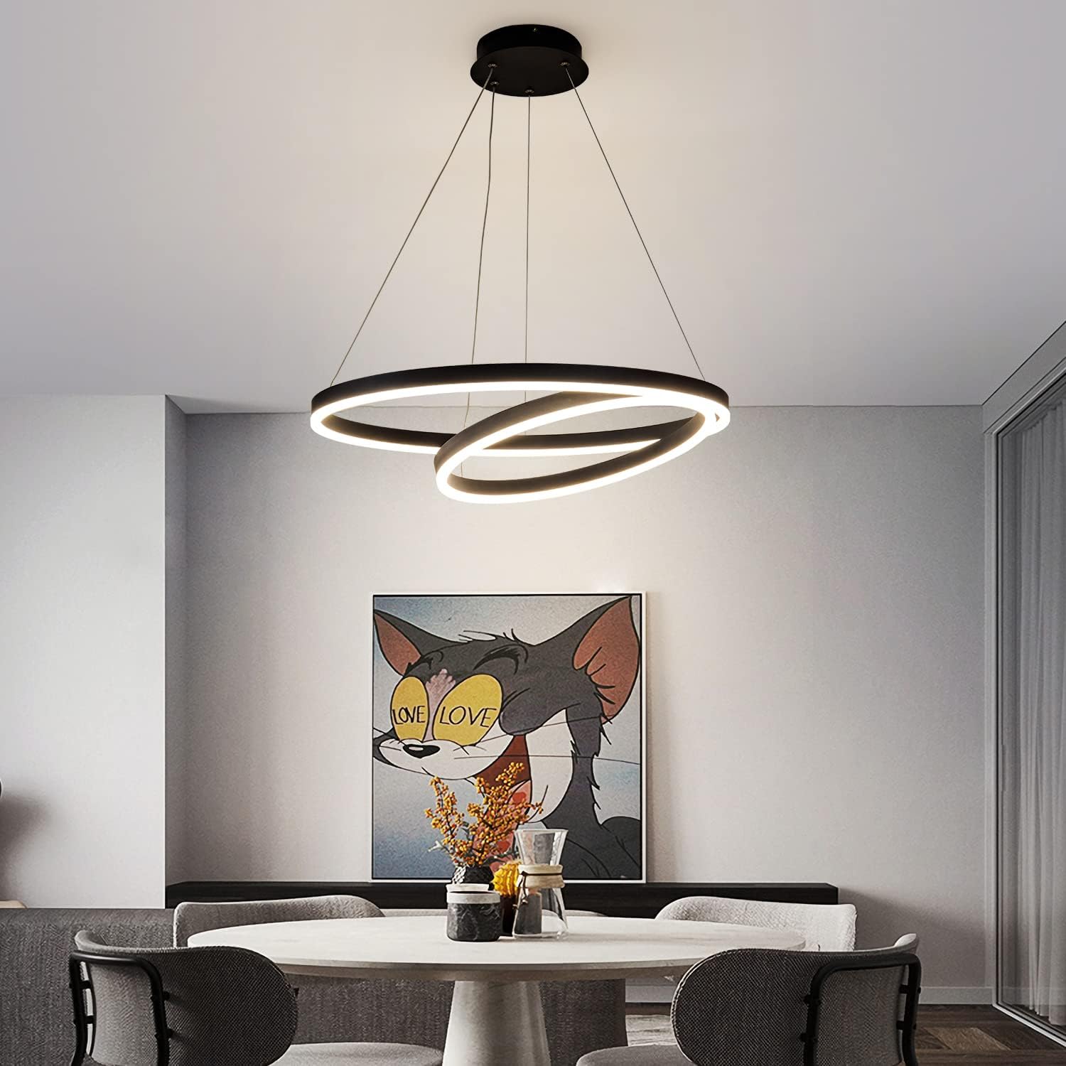 Modern LED Ring Pendant Hanging Round Ceiling Light Fixture,Adjustable LED Pendant Light with 2 Rings for Living Room,Dining Room, Bedroom Warm White Light 4000K,（Black）