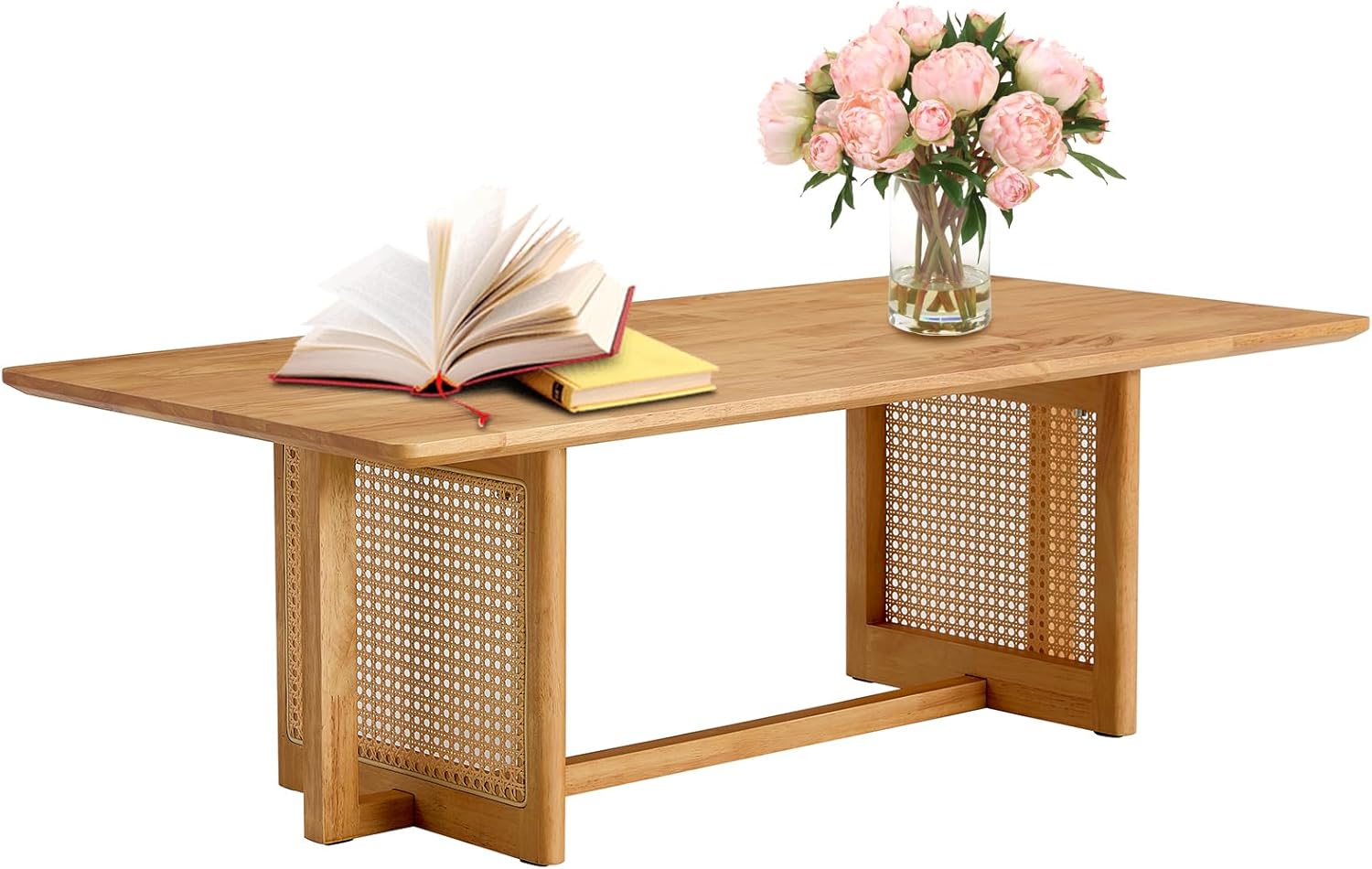 Modern Mid-Century Rectangular Rattan Coffee Table, Solid Wood Top, PE Rattan Stand, 47" x 23.62" x 15.75"