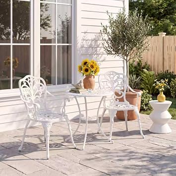 Outdoor Bistro Table and Chairs Set of 2, White Metal Patio Bistro Set, Cast Aluminum Bistro Set 3 Piece Outdoor with Umbrella Hole, 3 Piece Outdoor Bistro Set for Balcony Garden Porch