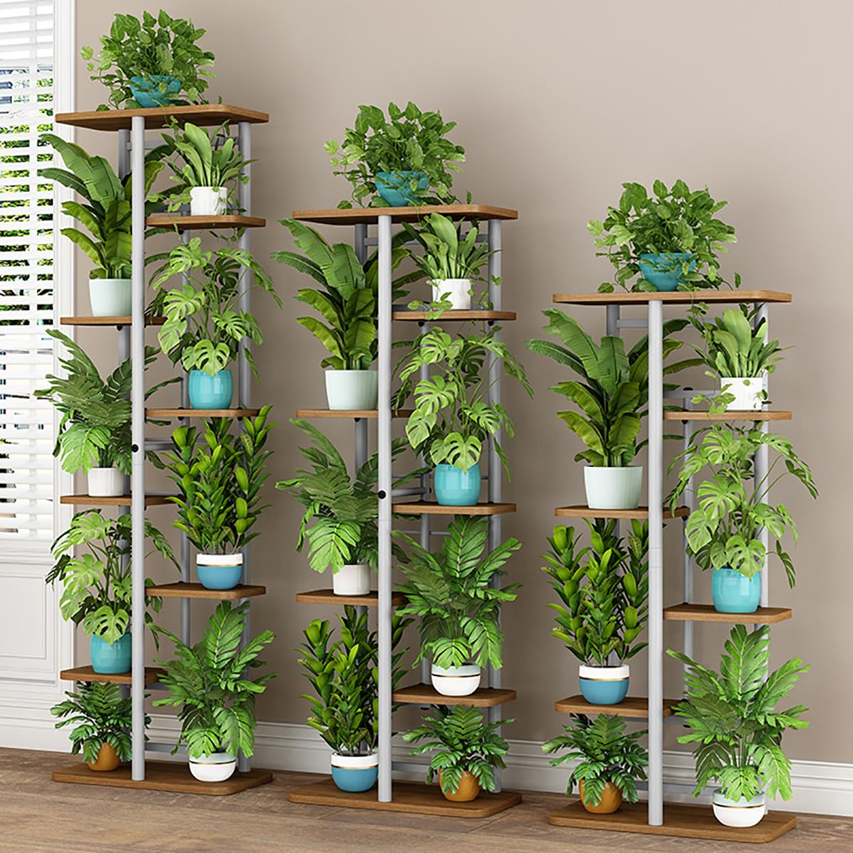 5 Tier Hölzern Blumenregal Metall Pflanzenregal, Mehrstöckig Blumenständer, Pflanzenständer Indoor Outdoor, Blumenbank Blumentreppe, Pflanzentreppe Standregal für Garten, Balkon, Terrasse, A