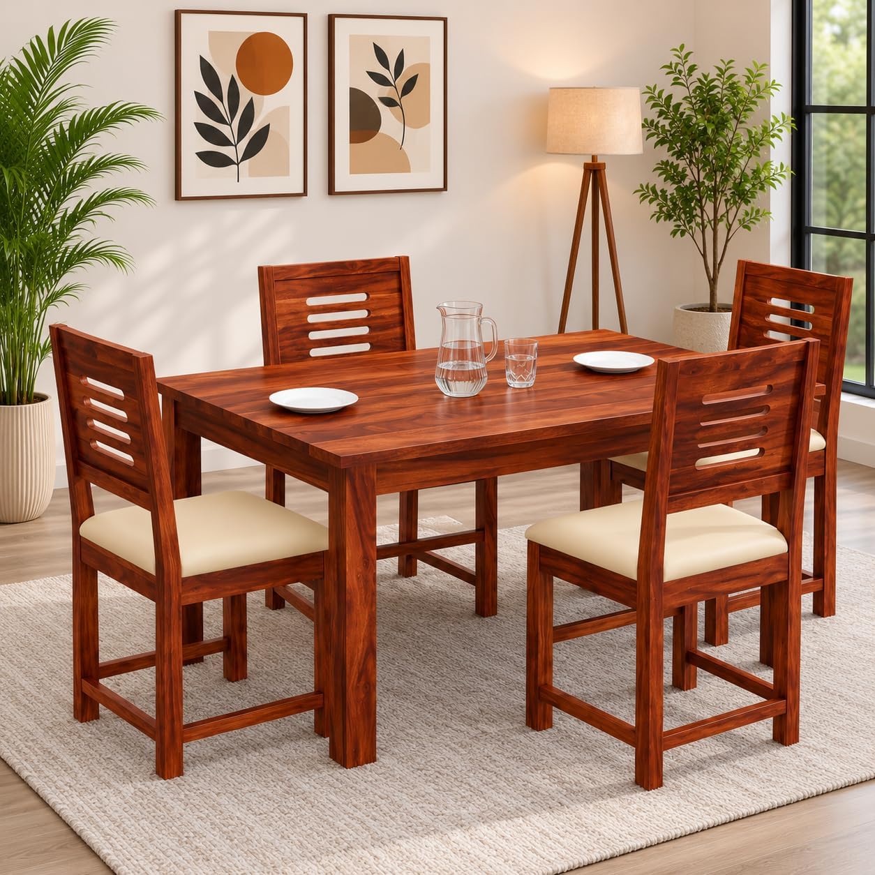 AADITYA WOODS Solid Sheesham Wood 4 Seater Dining Table with Chair Set for Living Room | Wooden Dining Room Set (This is Right Size for Table- 114x76x76 cm) - Honey & Cream