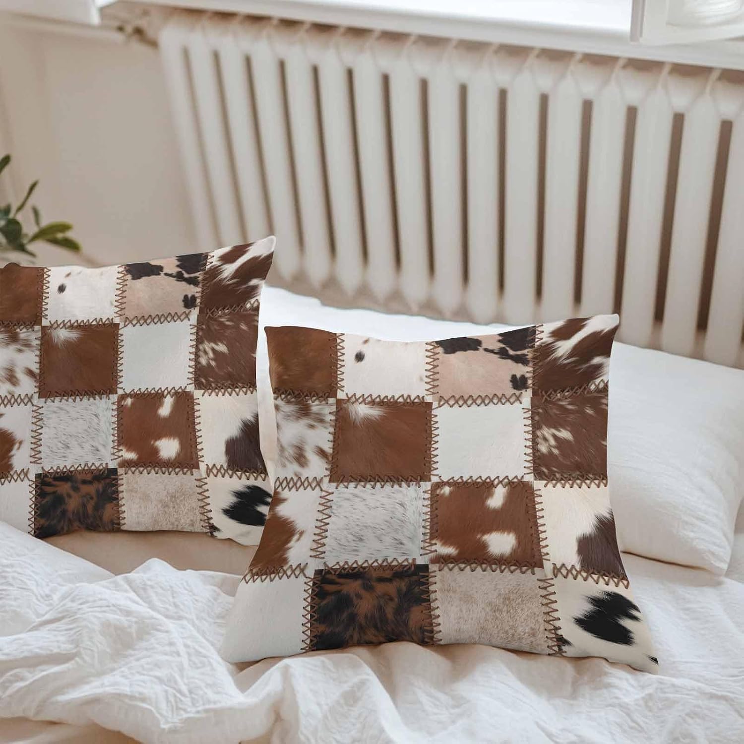Outdoor Waterproof Throw Pillow Covers Set of 2 Cow Animal Fur Skin Pillowcases 20x20 Inches Western Cowboy Decorative Pillows Cushion Case Patio Pillows for Couch Bed Chair Garden