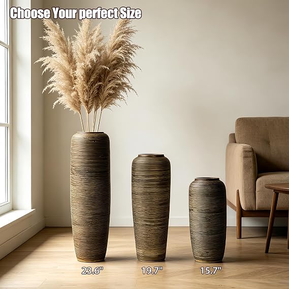 Brown Rustic Ceramic Floor Vase, 15.7 Inch, Ribbed Texture