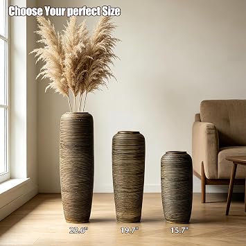 Brown Rustic Ceramic Floor Vase, 15.7 Inch, Ribbed Texture