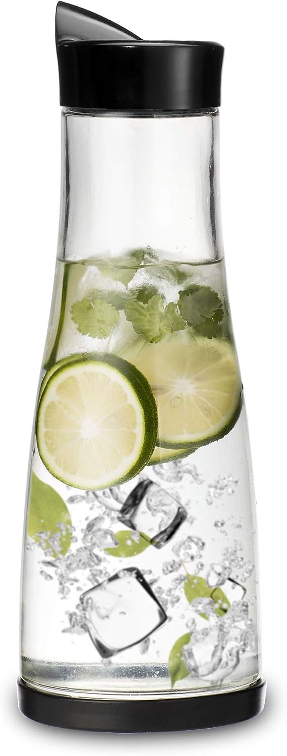 Chefoh Glass Water Carafe With Lid And Protective Base, EZ Pour Drip Spout 1 Liter/ 33.8 Oz, Fridge Water Pitcher Bottle Dispenser, Great For Juice, Lemonade, Iced Tea, Milk, Wine