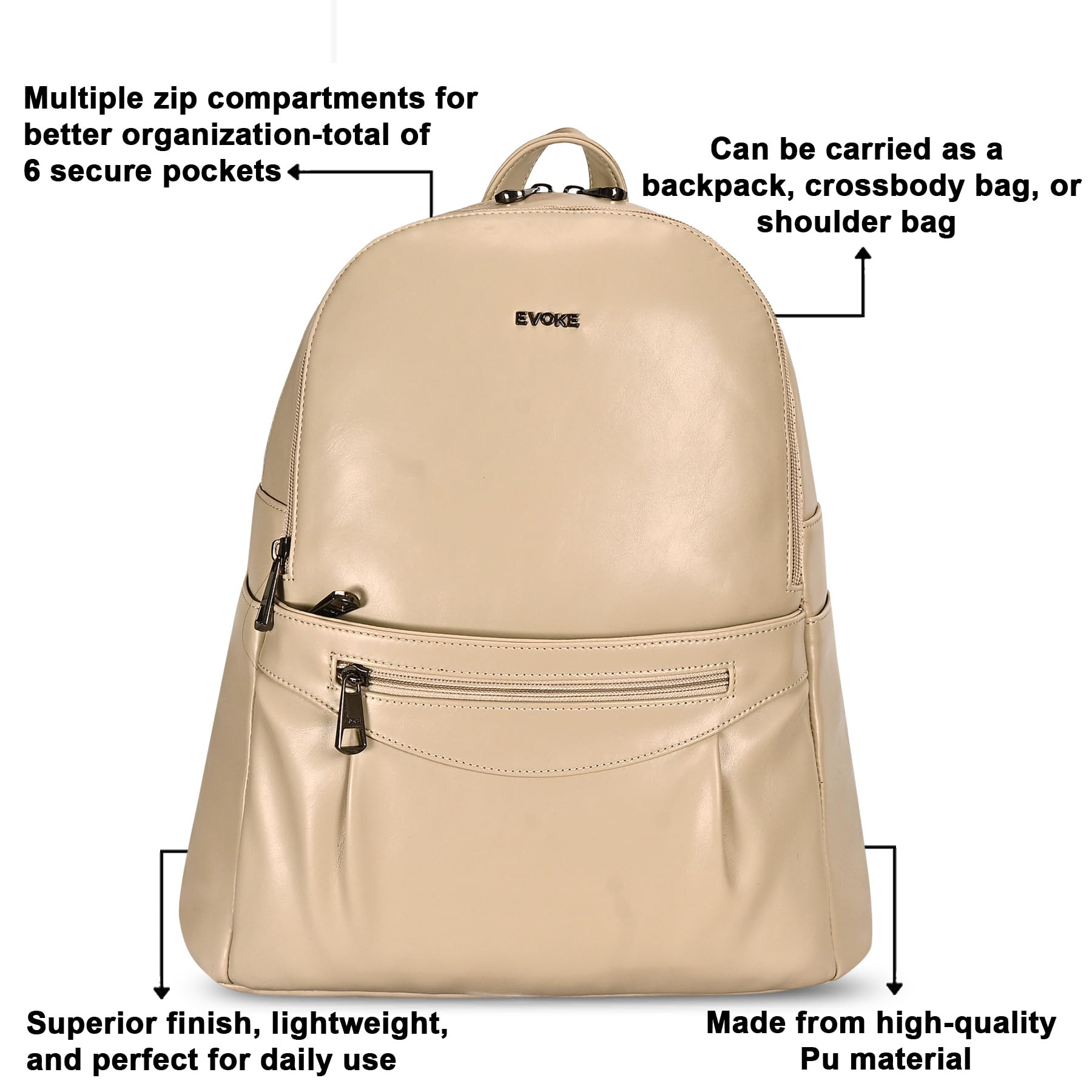 EVOKE MUSE Vegan Leather Backpack 2125 for Women | with Versatile Carry Options | Stylish and Lightweight for Work and College (Vanilla Cream) 2