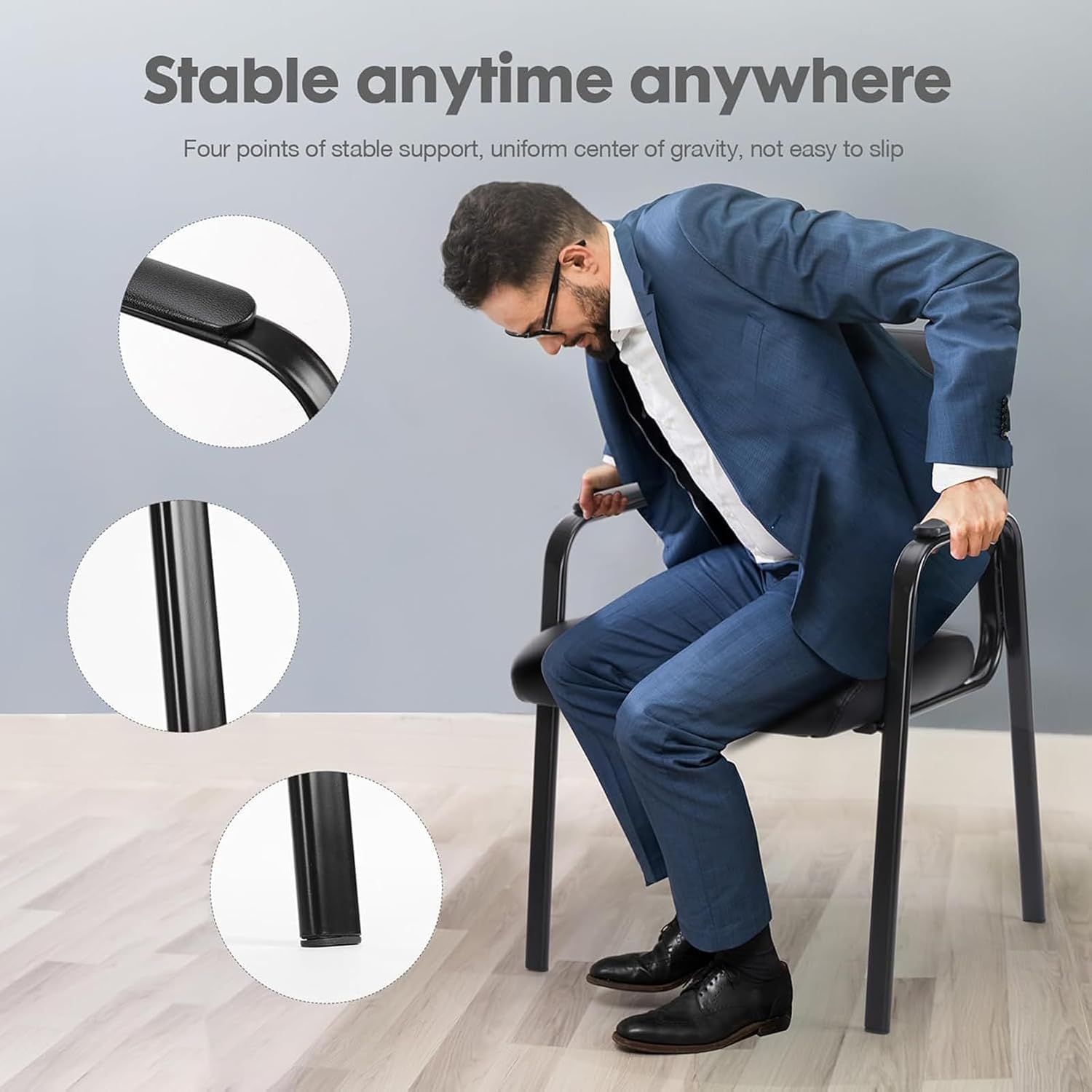 NEWBULIG Waiting Room Chair, Office Guest Arm Desk Chair No Wheels Leather Stationary for Reception, Comfy Padded Arms, for Conference Room Lobby Side Breakroom, Black, 2 Pcs