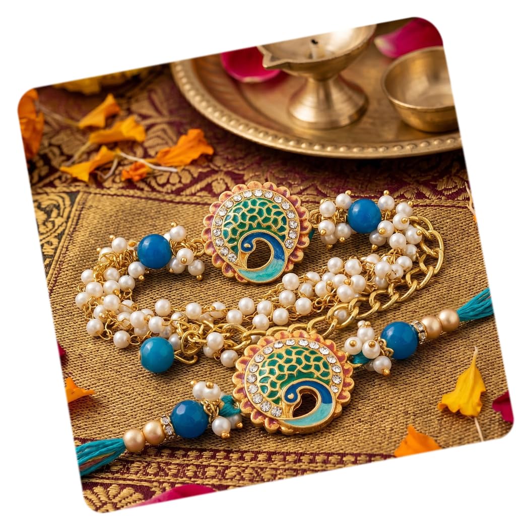 craftvatika Rakhi Set for Brother and Bhabhi, Bhaiya Bhabhi Rakhi Set of 2, Designer Bracelet Rakhis for Rakshabandhan with Best Wishes Card and Tillak Set, Premium Thread Couple Pair Raki-picture-18