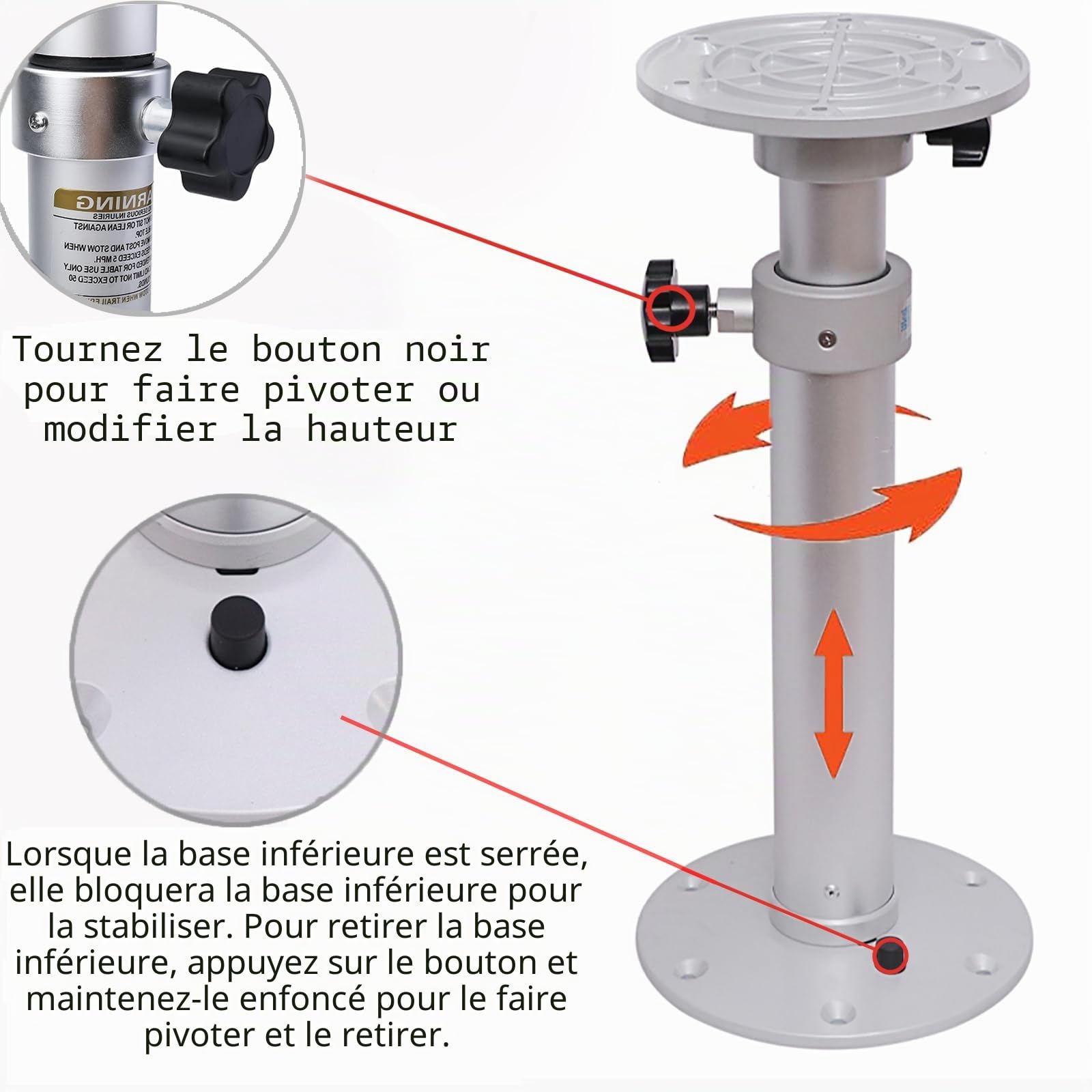 Table de bateau améliorée sur piédestal, base de table RV en alliage d'aluminium amovible et réglable, support de base à tige de montage, plage de hauteur de 17,8 à 27,2 pouces pour VR