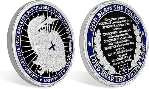 Miniatura 7 de Monedas de desafío policial de San Miguel - Moneda de oración de Dios bendiga a la policía, delgada línea azul, regalo de conmemoración de la