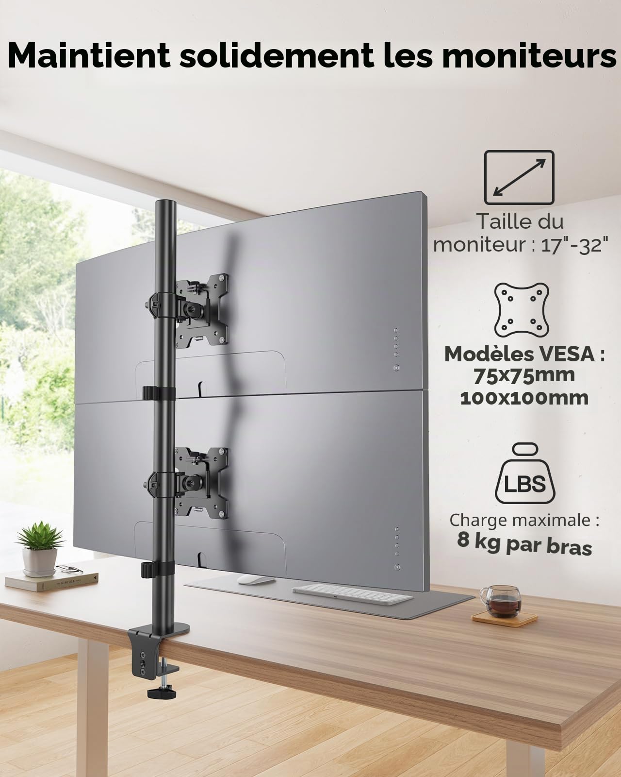 HUANUO Bras Ecran pc Vertical, Support Ecran pc 2 Ecran Empilé Réglable en Hauteur, Bras Ecran pc 2 Ecran Accueillissant 2 Écrans de 17 à 32 Pouces avec Pince en C, Chaque Support Supporte à 8 kg