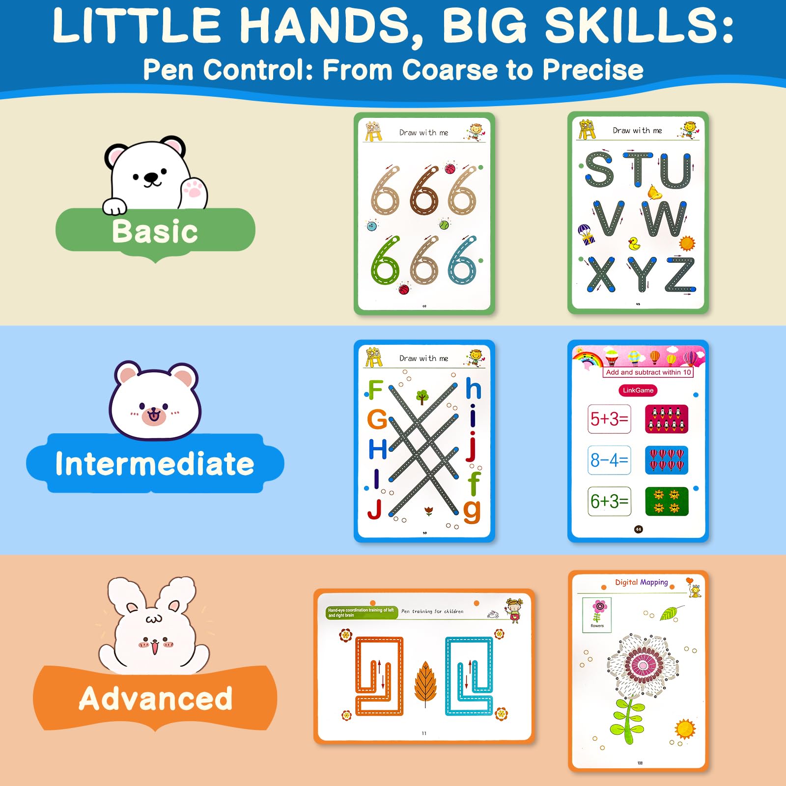 Handwriting Tracing Book - Pen Control Practice Training Books Kit, 296 Reusable Pages with Dry Erase, Alphabet | Count | Draw with Dots, Preschool Learning Activities 4-Stage Workbooks — Amazon image 4