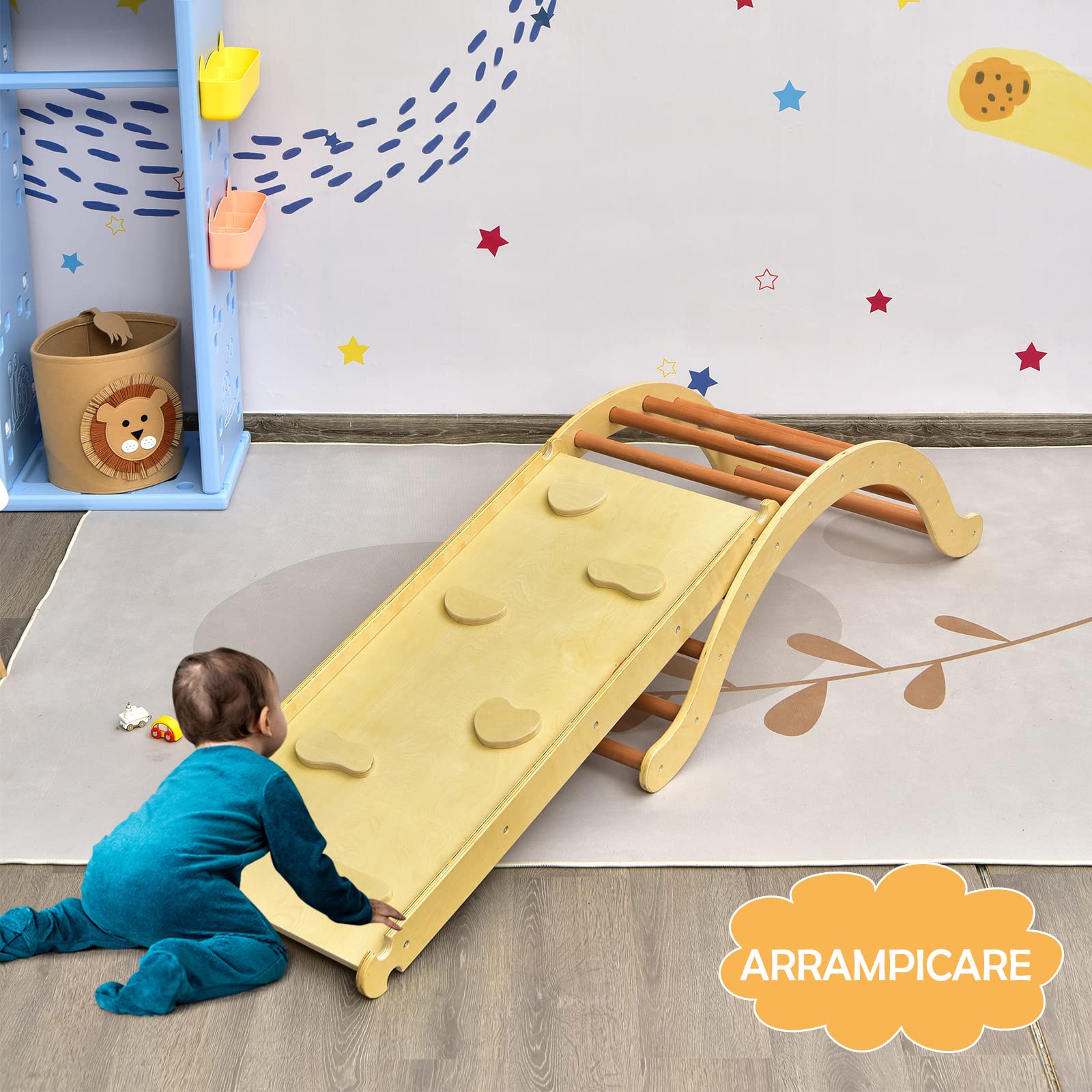 COSTWAY 4 in 1 Set da Arrampicata per Bambini, Scala Giochi Arrampicata con Tappetino, Scala a Volta Versatile per Arrampicarsi e Scivolare, Carico 60 kg (Naturale)