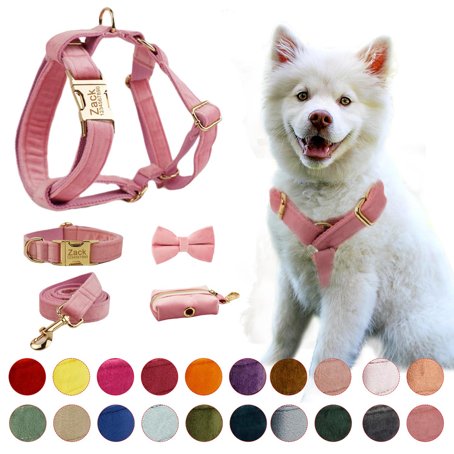 Personalized Dog Harnesses with Metal Buckle, Customized Harnesses with Name and Phone Number, Adjustable Sizes Dog Harness for Medium Large Dogs (Velvet Dog Harnesses)