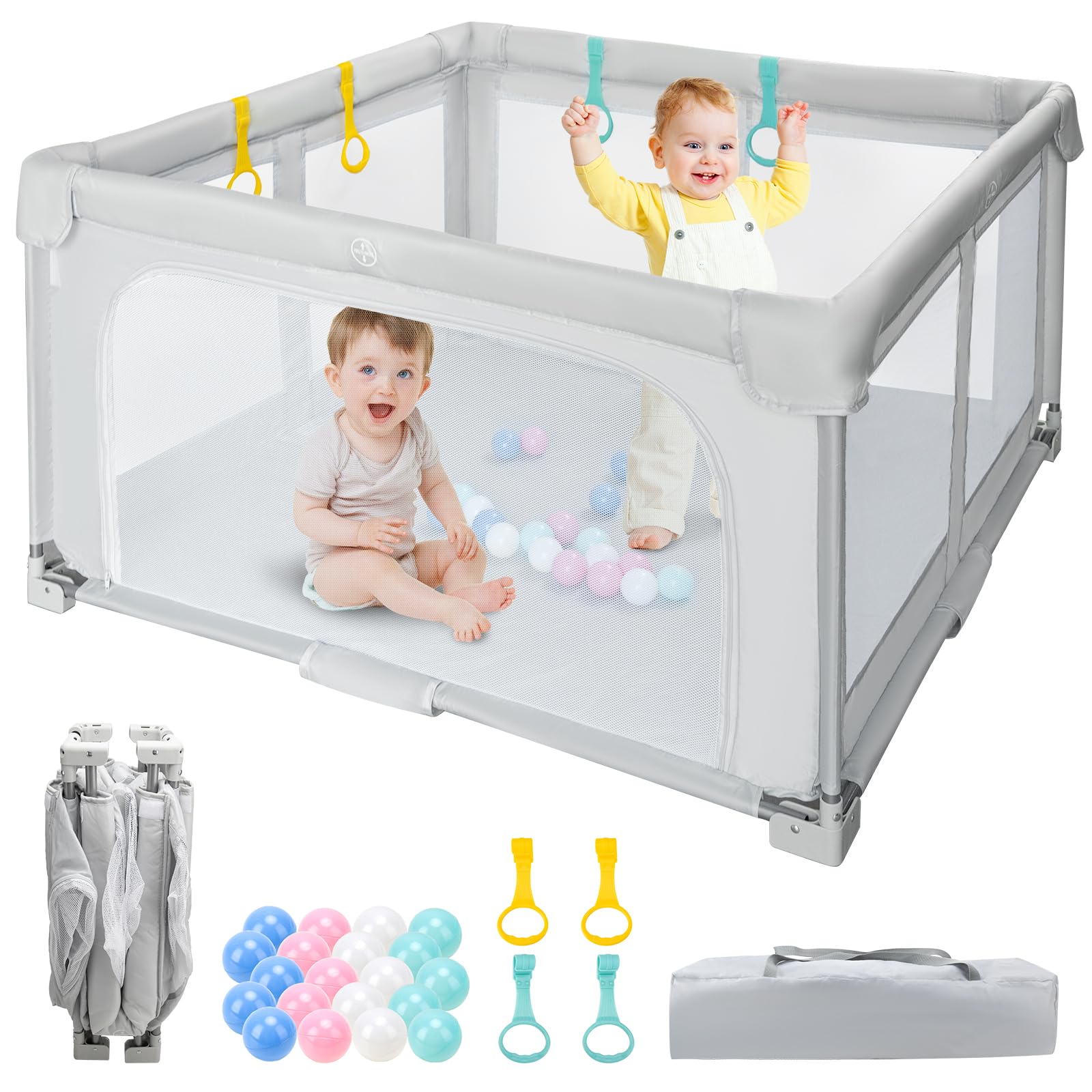 Growithu Recinto per Bambini Pieghevole 127x127cm: Box Bambini per Interni ed Esterni - Box Neonato con Borsa da Viaggio, 20 Palline e 4 Anello di Trazione
