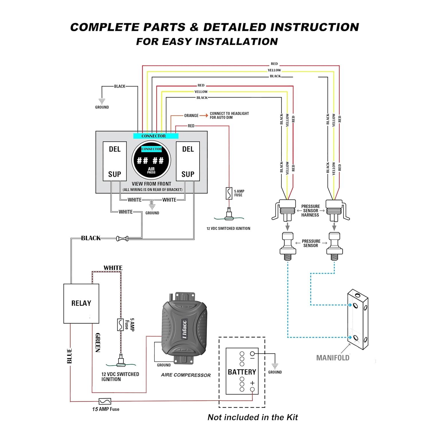 On Board Air Compressor System Air Pump System with Digital Dual Path Air Gauge Paddle Valve Gauge Air Line T Fittings for Trucks Vans