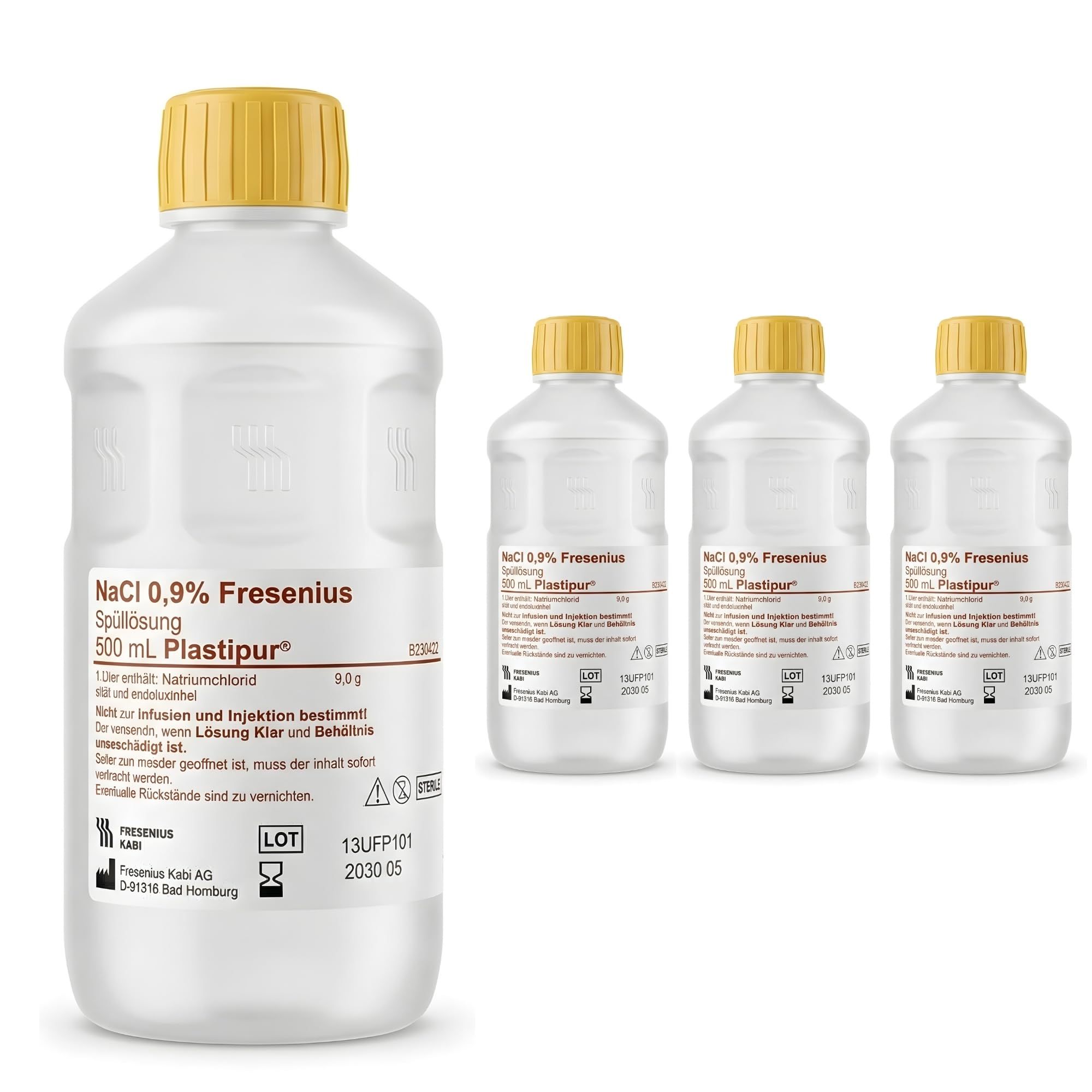 Lot de 4 - 500 ml - NaCl 0,9 % - Solution saline isotonique stérile - Solution saline pour bébé - Solution saline pour le nettoyage des plaies - Solution saline
