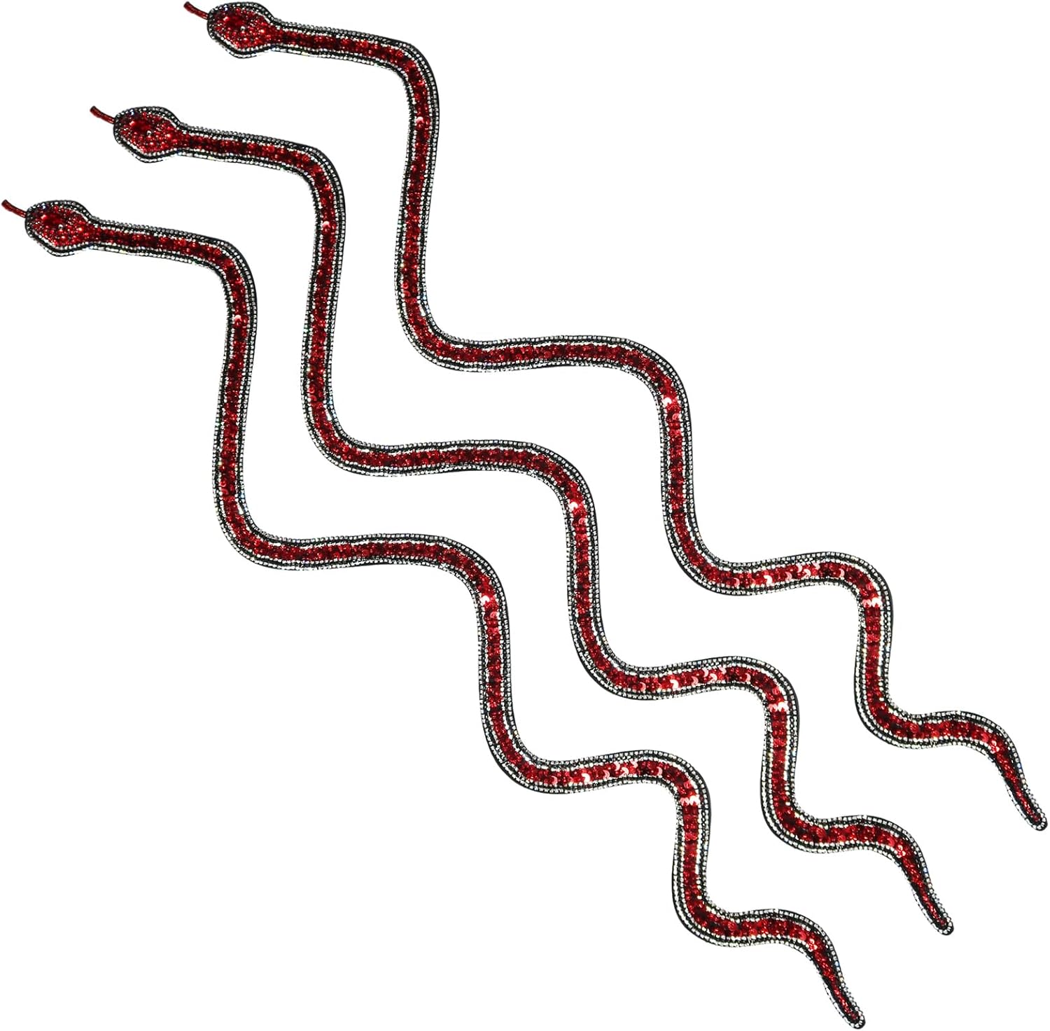 3 Pack 38 inches Long Sparkle Rhinestones and Sequin Red Snake Shaped Patches Applique Trim Ribbon for Outfit,Halloween Super Star Costume
