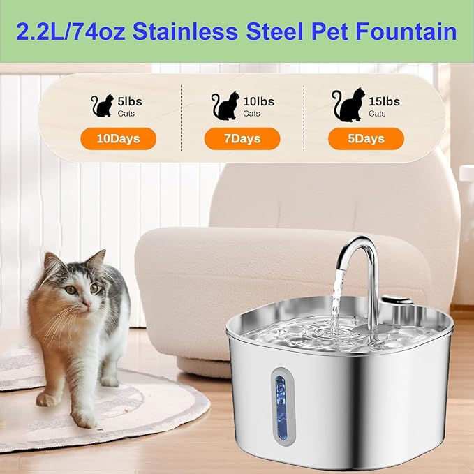 Fuente de Agua para Gatos Acero Inoxidable 2.2L - Bebedero Automático miniatura 2