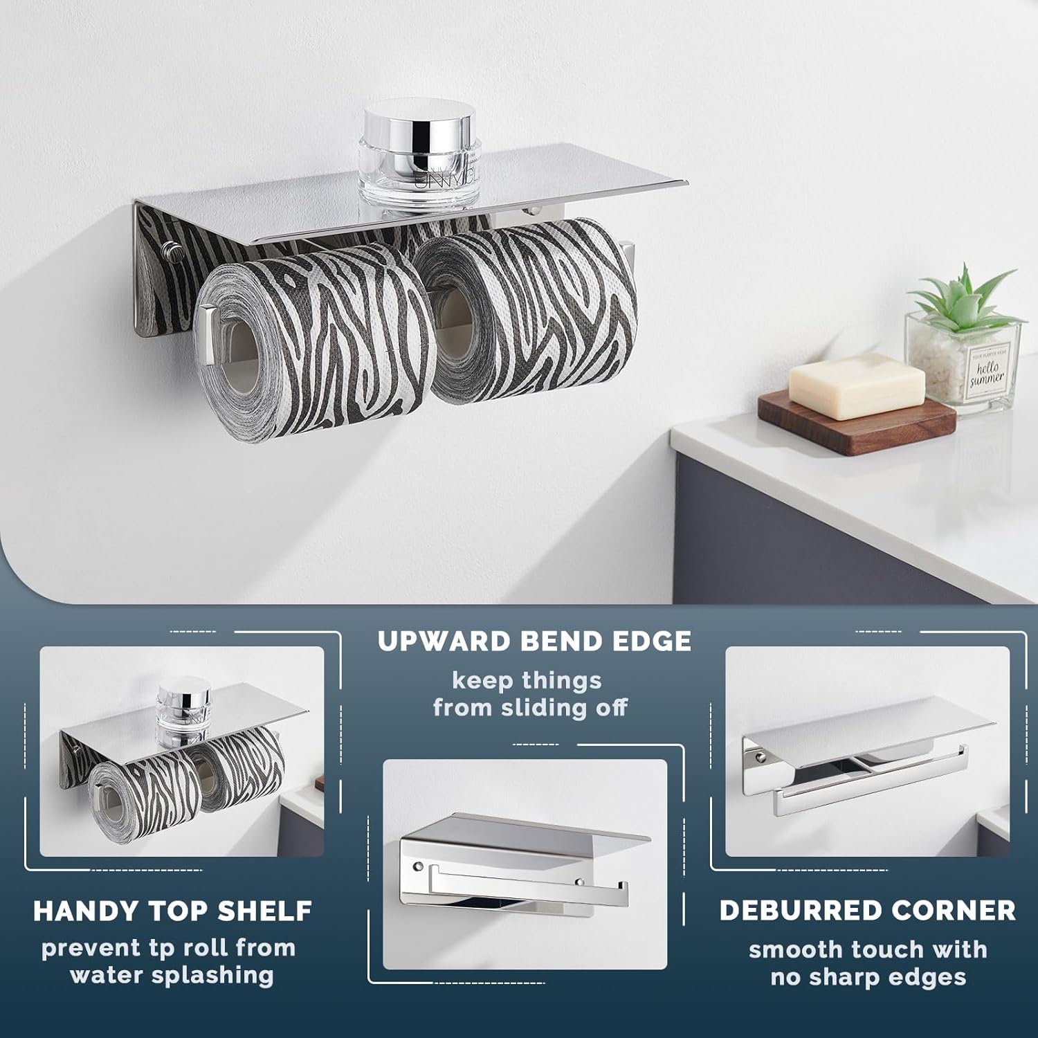 Angle Simple Tissue Holder Bundle with Double Toilet Paper Holder with Shelf (Polished Chrome)