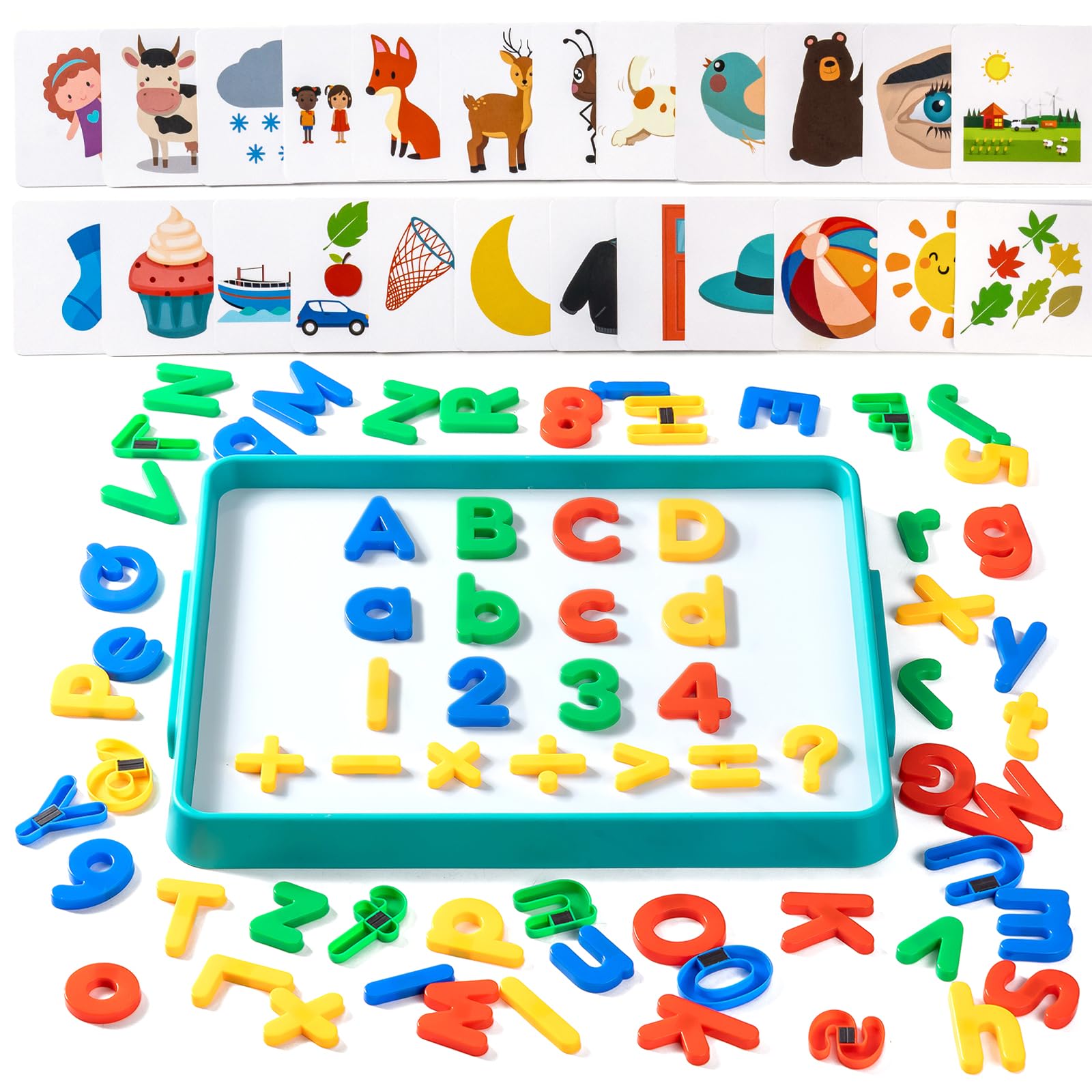 Magnetic Tray with 95 Magnetic Letters &amp; 36 Alphabet Flash Cards – Kids Dry Erase Board, Magnetic Board for Kids &amp; Classroom Learning Tool (Cyan)