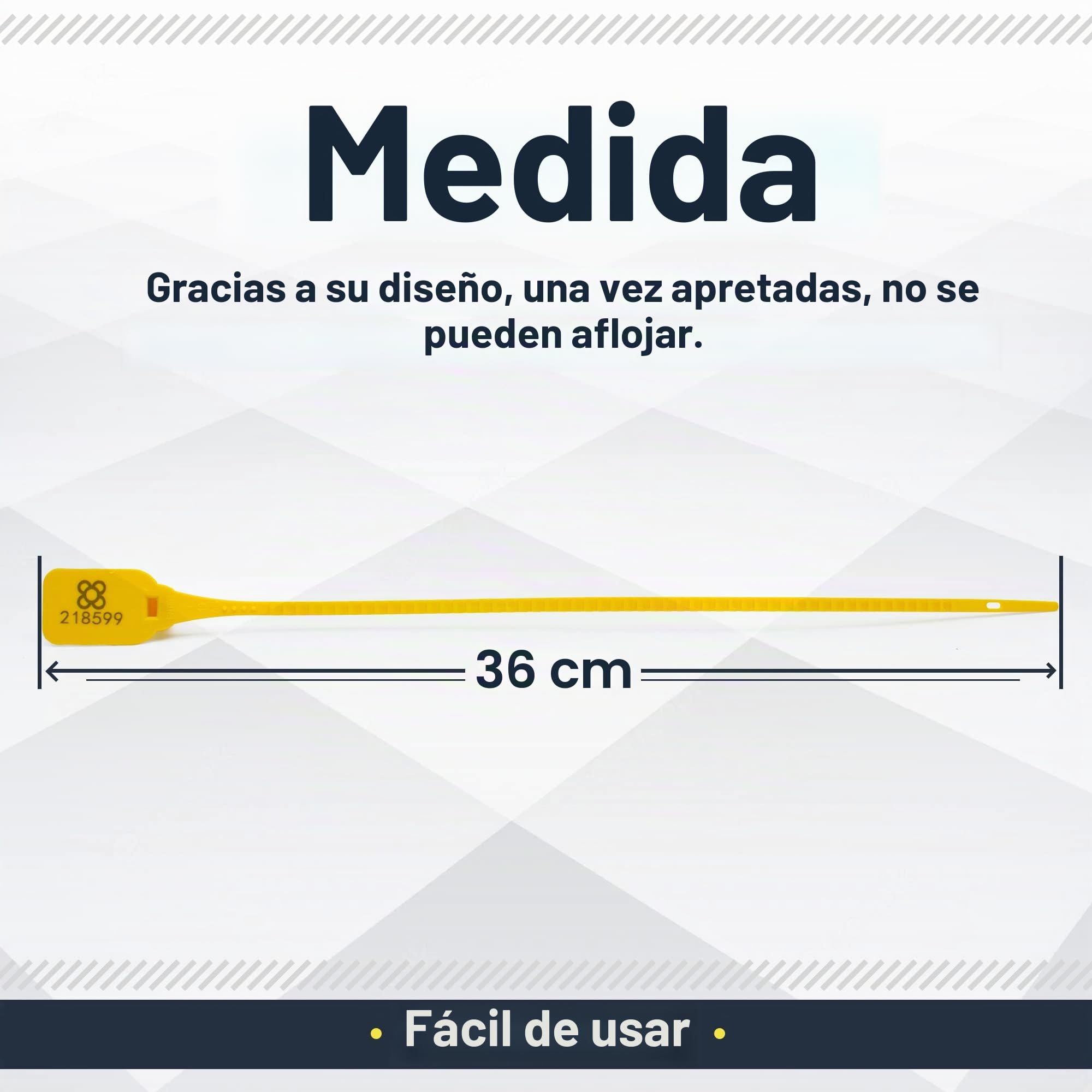 DOJA BARCELONA | Precintos de Seguridad de Plastico Amarillos | 100 unidades | 36cm de Largo | Bridas numeradas para maleta, cajas, contenedores, puertas, bolsas, camion, logistica entre otros usos.