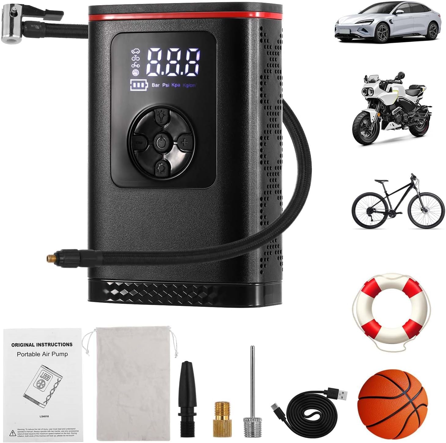 Hancaner Mini Compressore Aria Portatile, Compressore Aria Portatile Auto150PSI 7.4V 6000mAh con 4 Unità di Misurazione Della Pressione Display LCD per Auto, Bici, Moto, Scooter e Pallone.