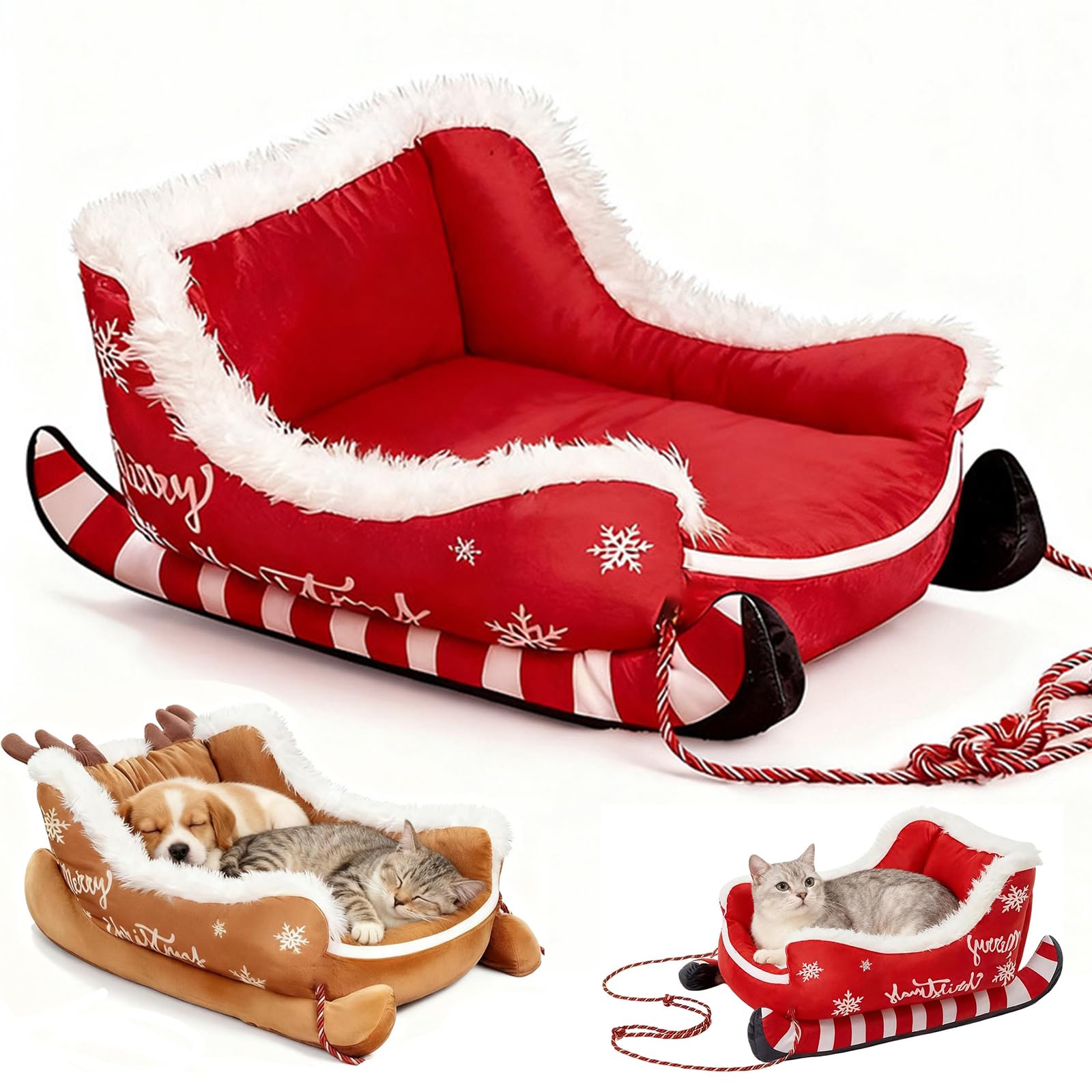 Festive Plush Cosy Dog Bed - Christmas Sleigh, Festliches Plüsch-Hundebett, Weihnachten Hundebett, Niedliche Katzenbett, Waschbar Rutschfest Weiche Haustierbett für kleine, große Hunde (Rot, L)