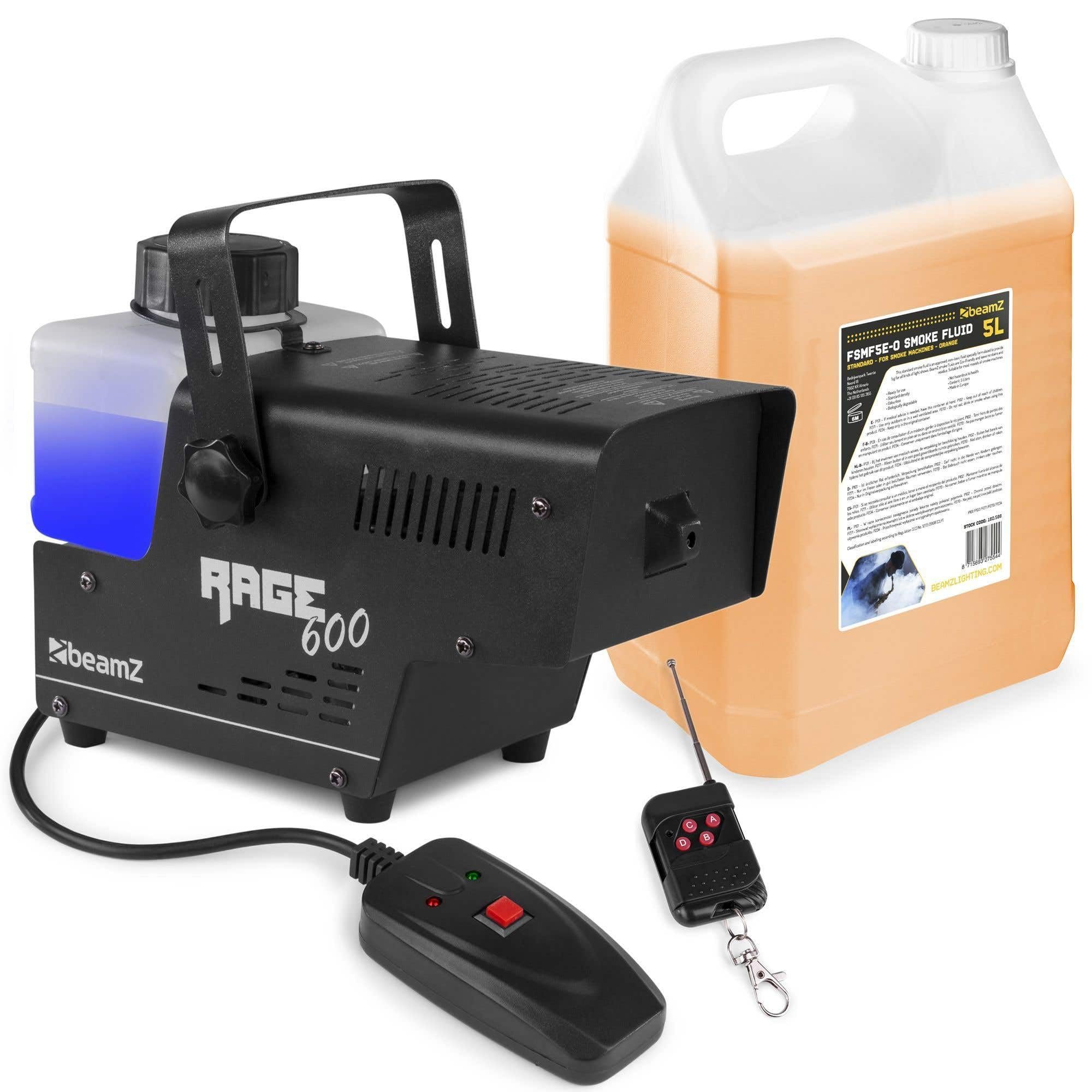 Beamz RAGE600 Máquina de Humo con 5 Litros de Líquido de Humo, 600 Watt, Fogger, Máquina de Niebla, Doble Control Remoto (con y sin cable), Tanque de 0.5 Litros, Disco Fiesta DJs